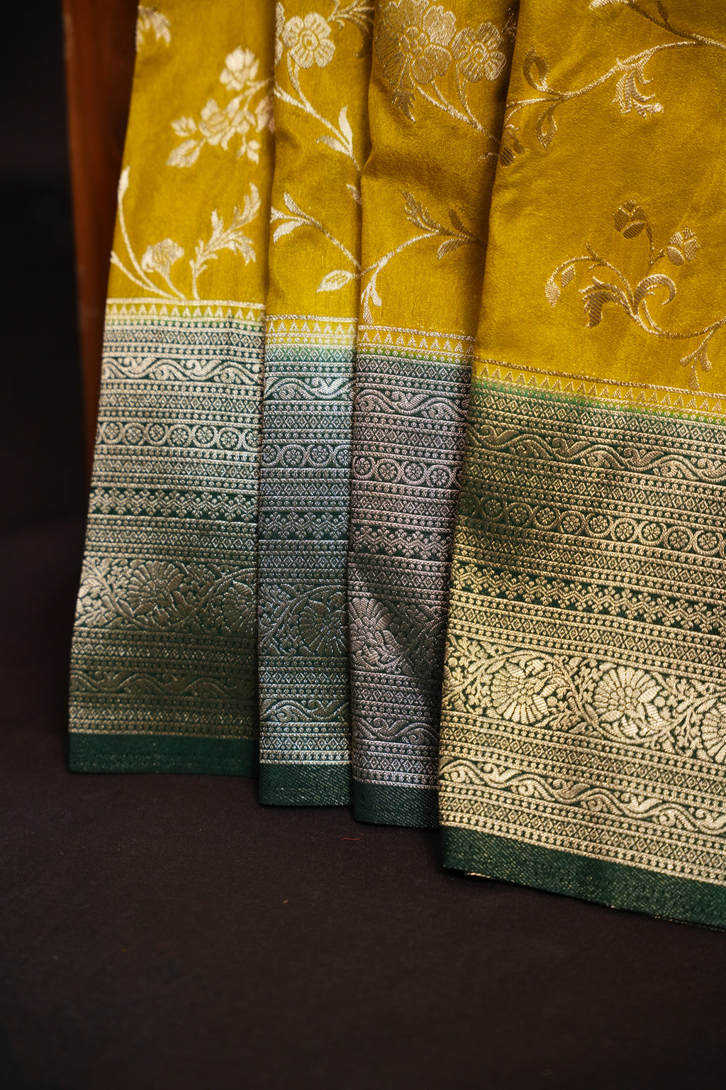 Mustard Yellow Fancy Banaras Saree with Silver Floral Weaving