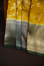 Mustard Yellow Fancy Banaras Saree with Silver Floral Weaving