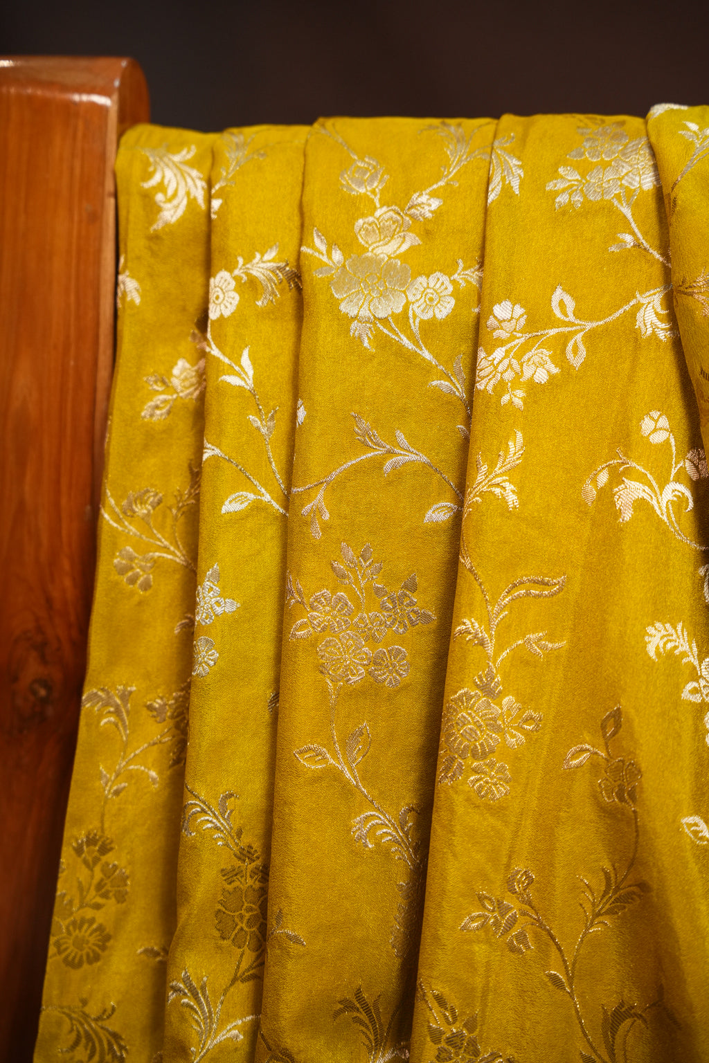 Mustard Yellow Fancy Banaras Saree with Silver Floral Weaving