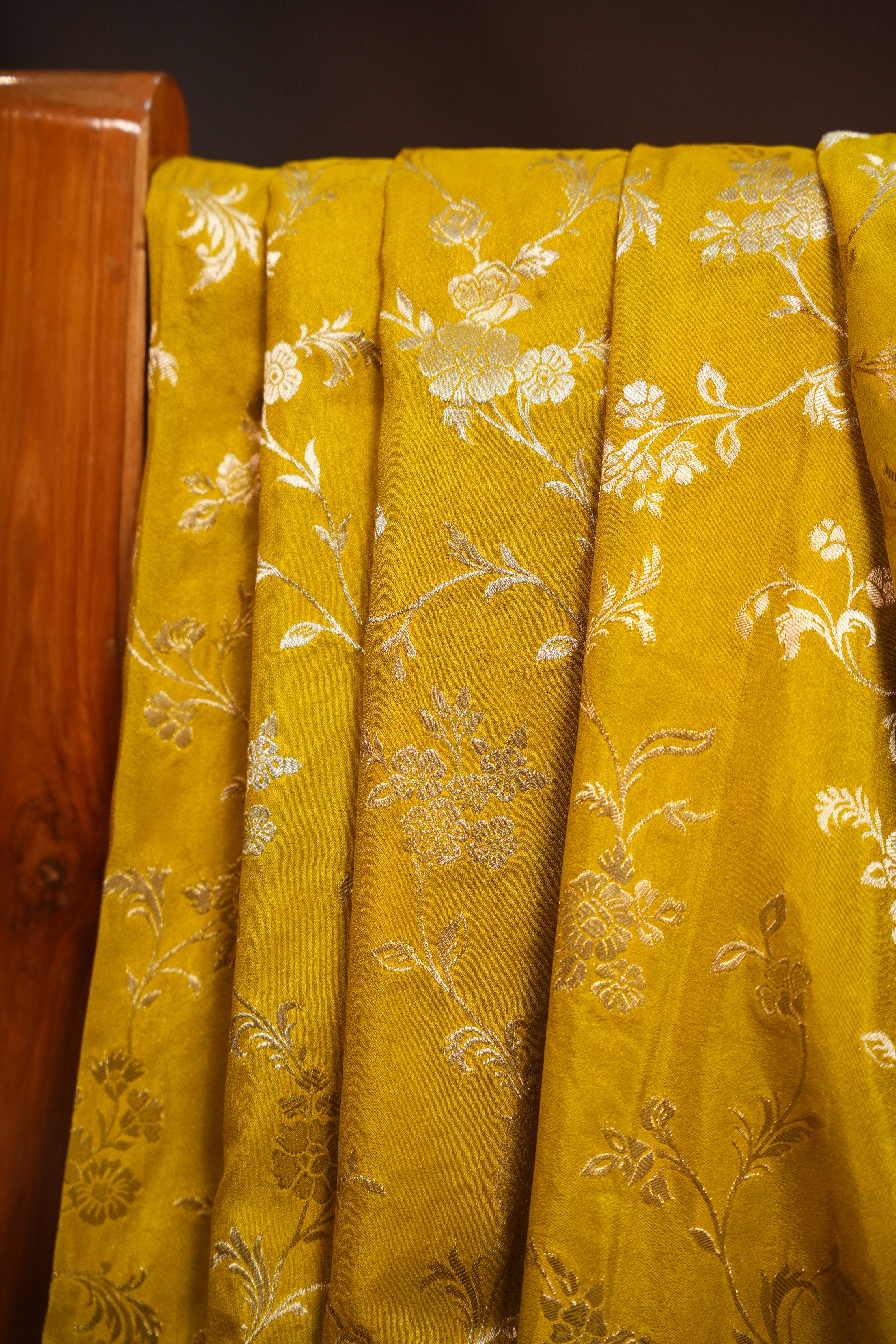 Mustard Yellow Fancy Banaras Saree with Silver Floral Weaving