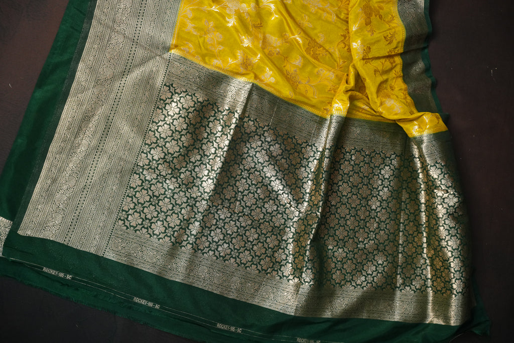 Mustard Yellow Fancy Banaras Saree with Silver Floral Weaving