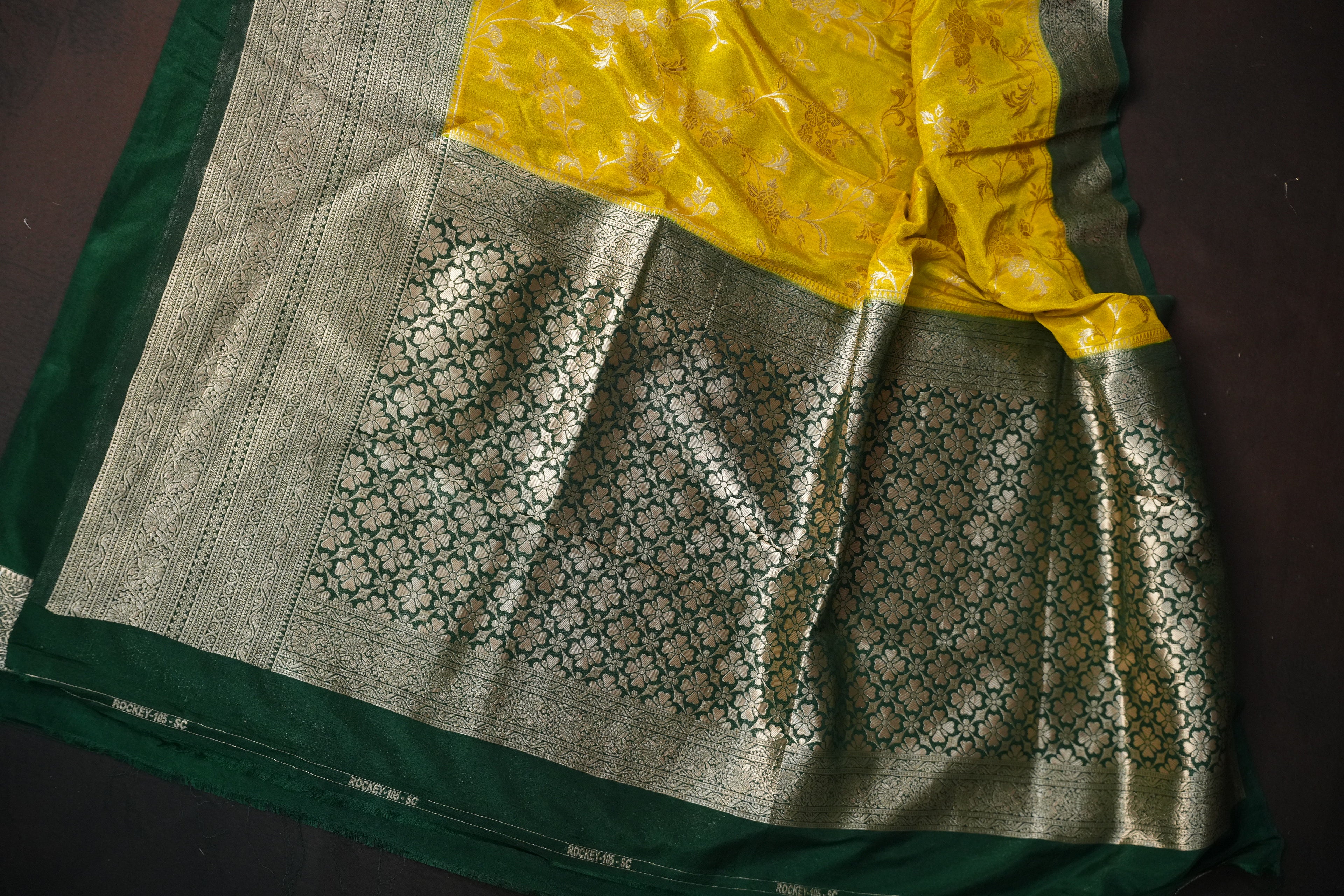 Mustard Yellow Fancy Banaras Saree with Silver Floral Weaving