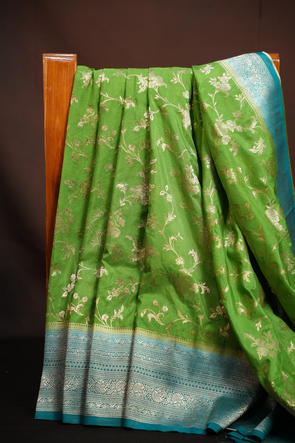 Parrot Green Fancy Banaras Saree with Silver Floral Weaving