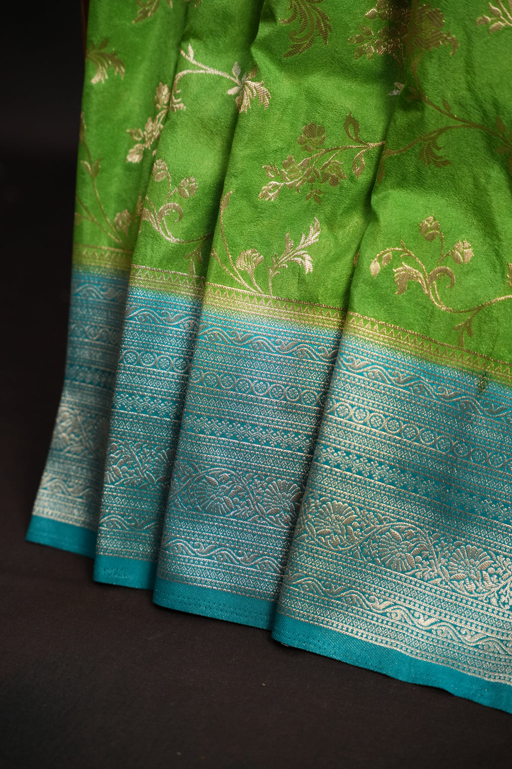 Parrot Green Fancy Banaras Saree with Silver Floral Weaving