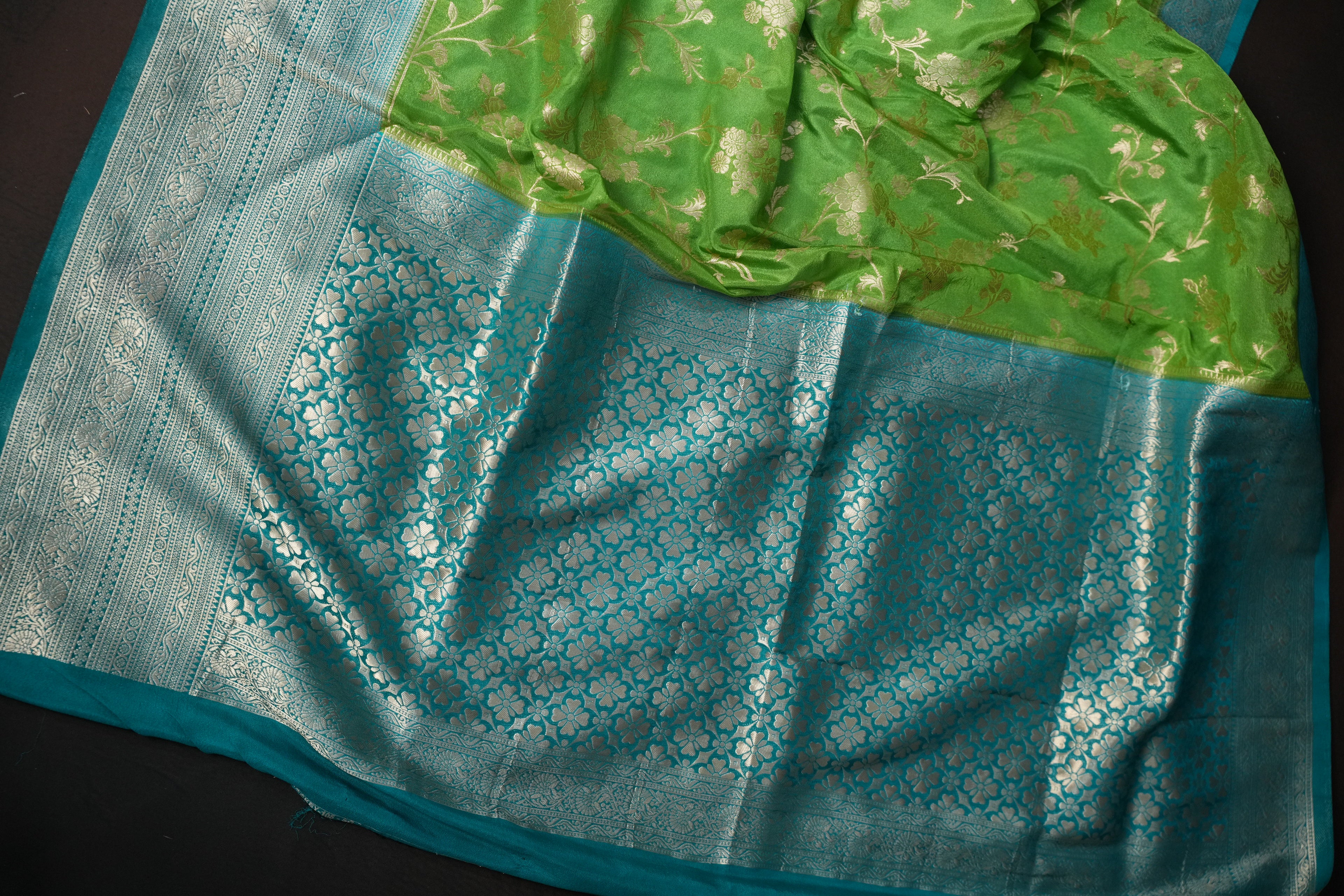 Parrot Green Fancy Banaras Saree with Silver Floral Weaving