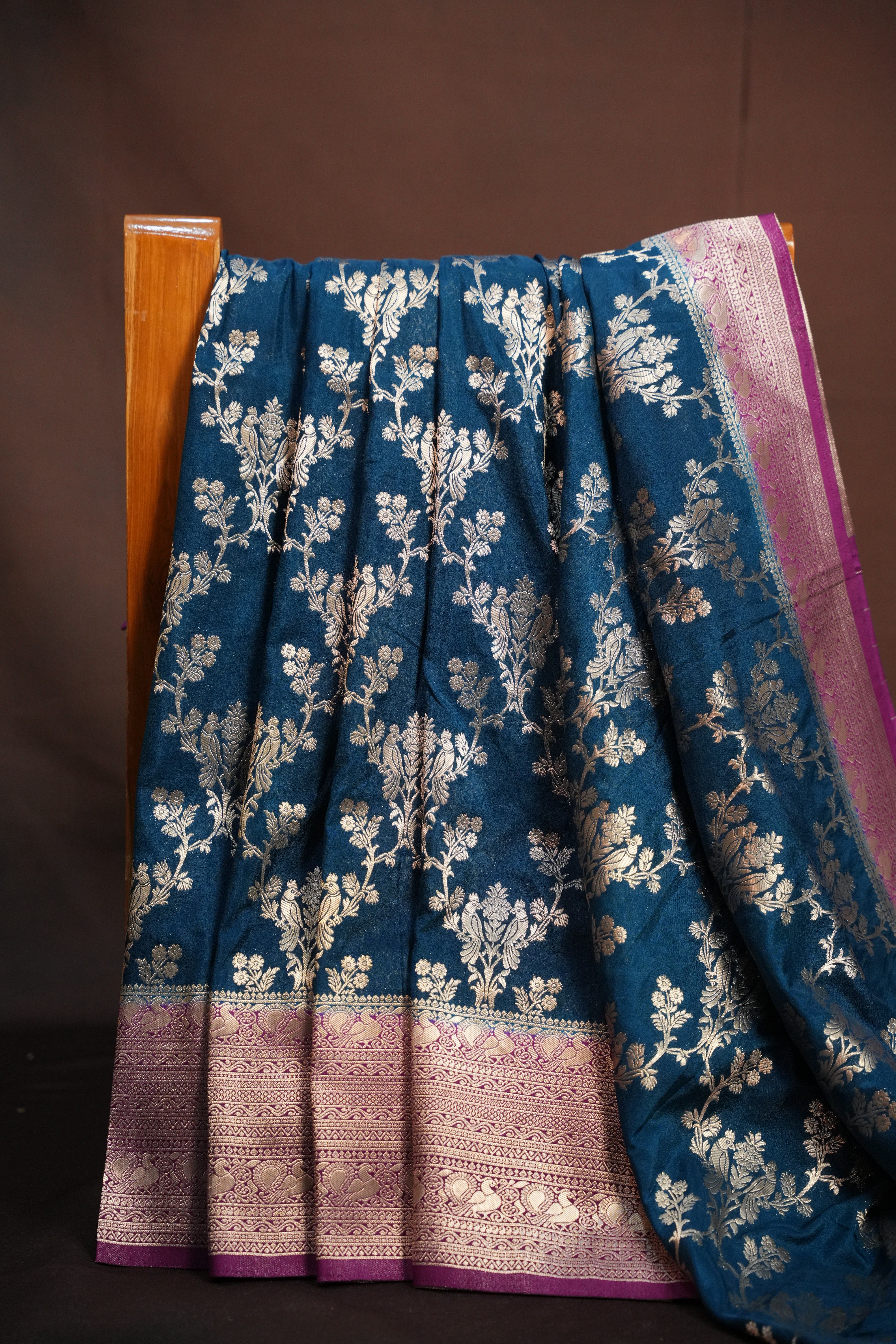 Royal Blue Fancy Banaras Saree with Silver Floral Bird Weaving
