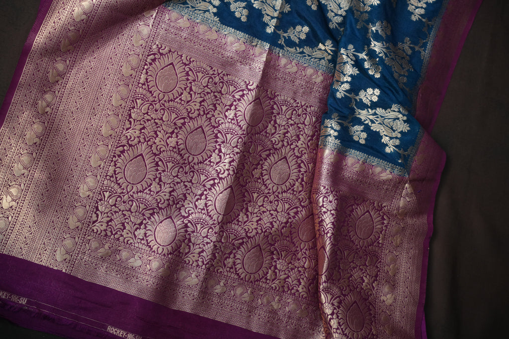 Royal Blue Fancy Banaras Saree with Silver Floral Bird Weaving