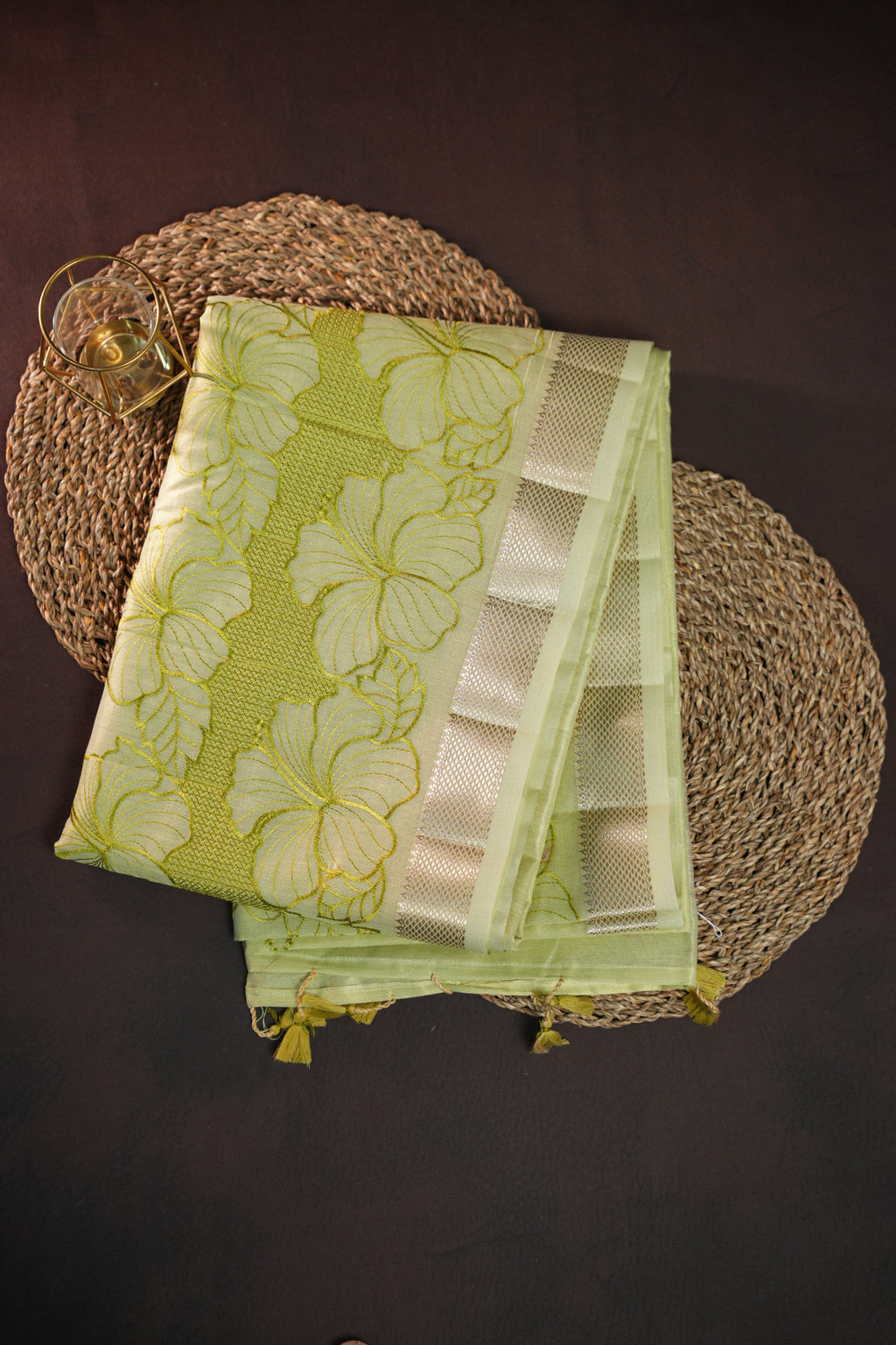 Pastel Green Benaras Saree with Floral Woven Design