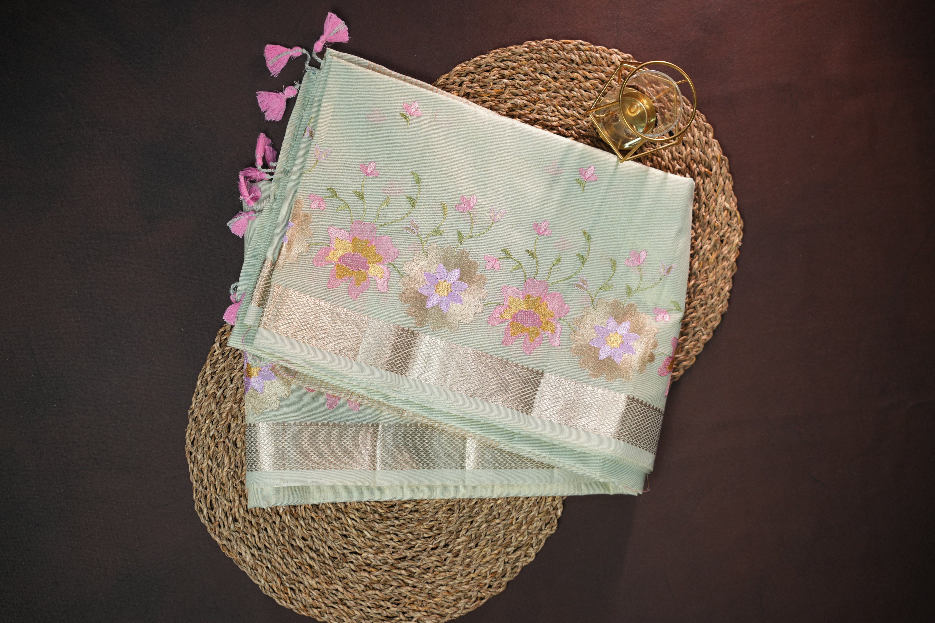 Pastel Green Benaras Saree with Floral Embroidery Design