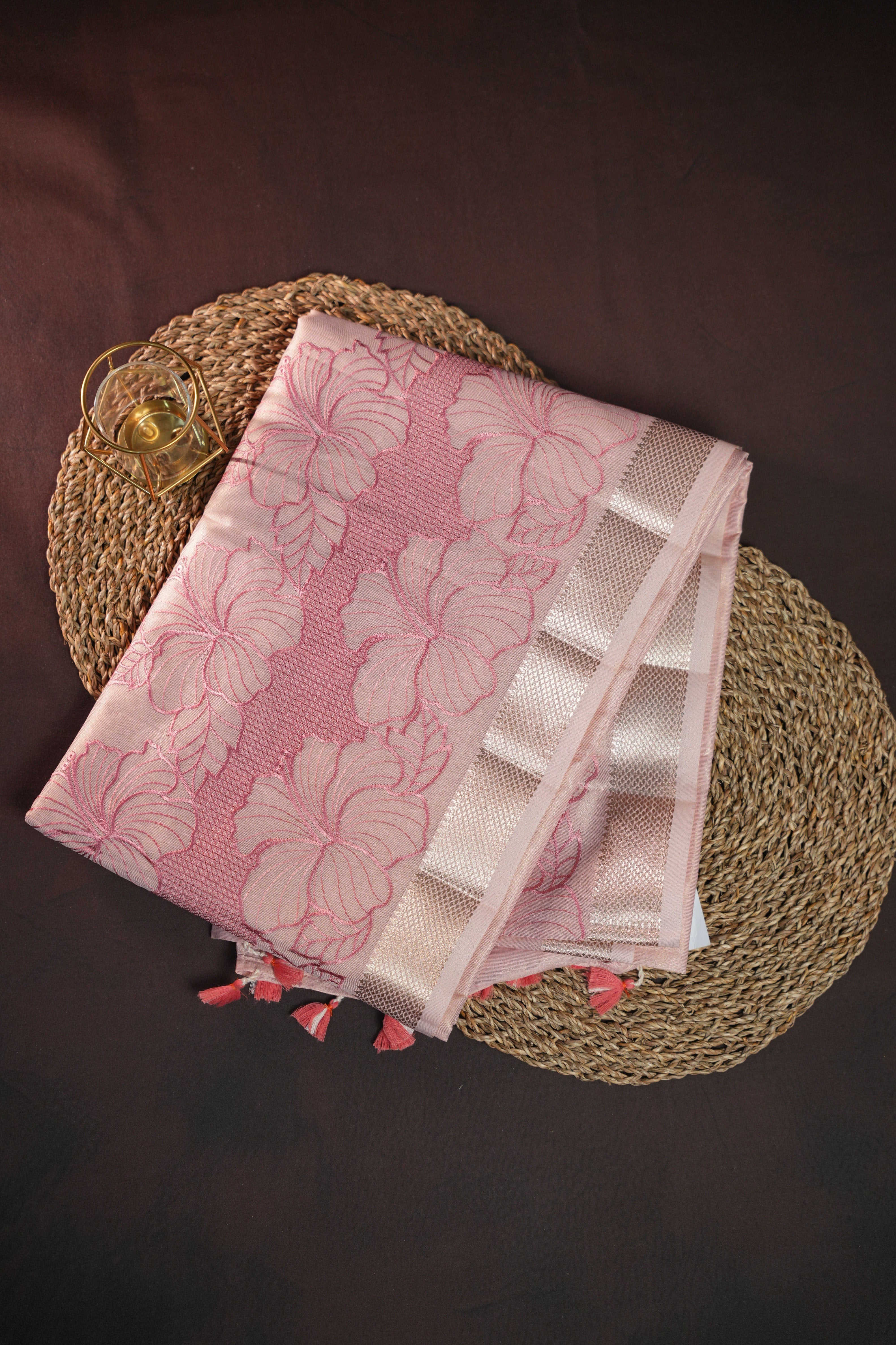 Pastel Pink Benaras Saree with Floral Woven Design