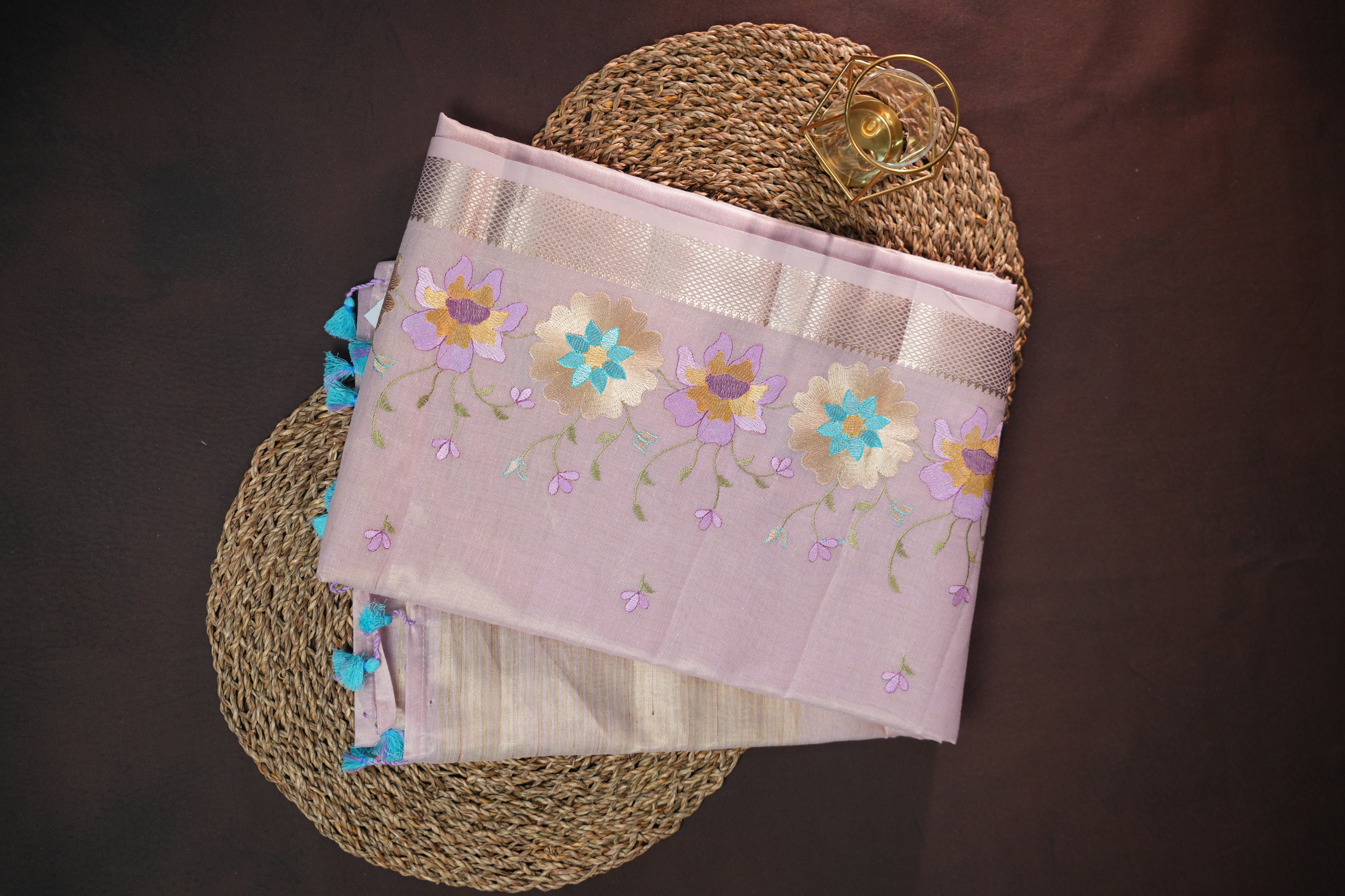 Pastel Lavender Benaras Saree with Floral Embroidery Design