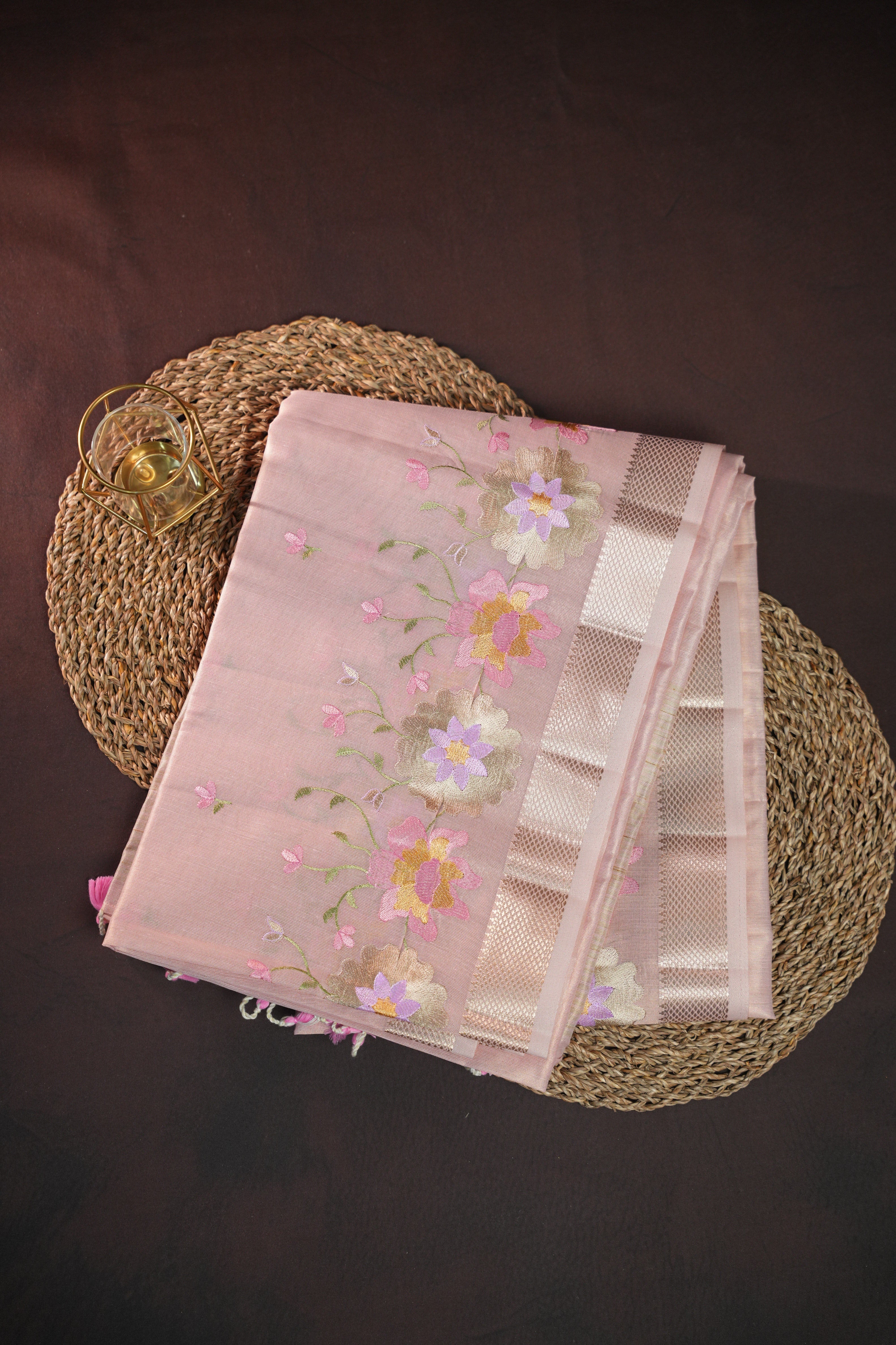 Blush Pink Benaras Saree with Floral Embroidery Design