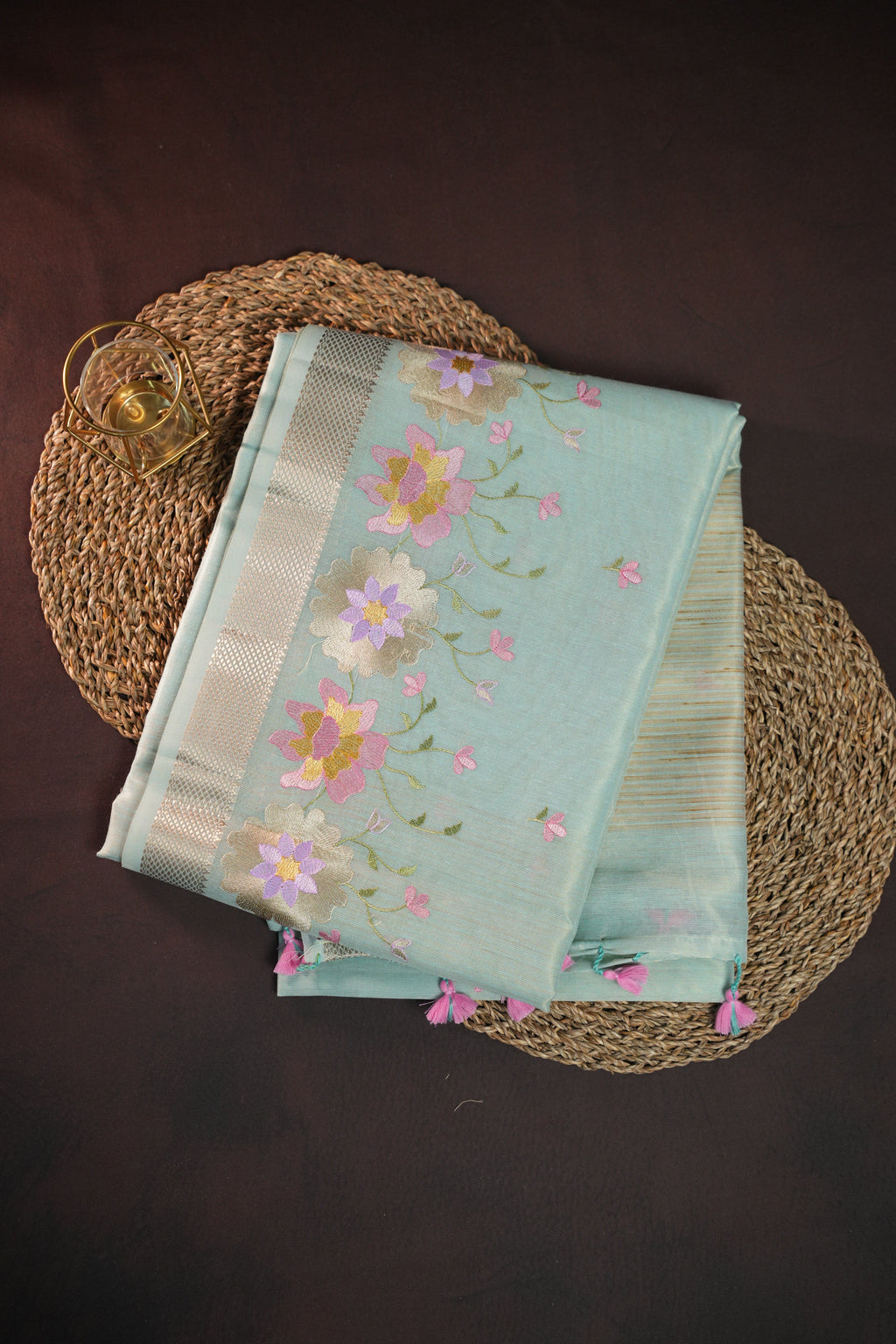 Pastel Blue Benaras Saree with Floral Embroidery Design