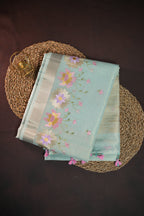 Pastel Blue Benaras Saree with Floral Embroidery Design