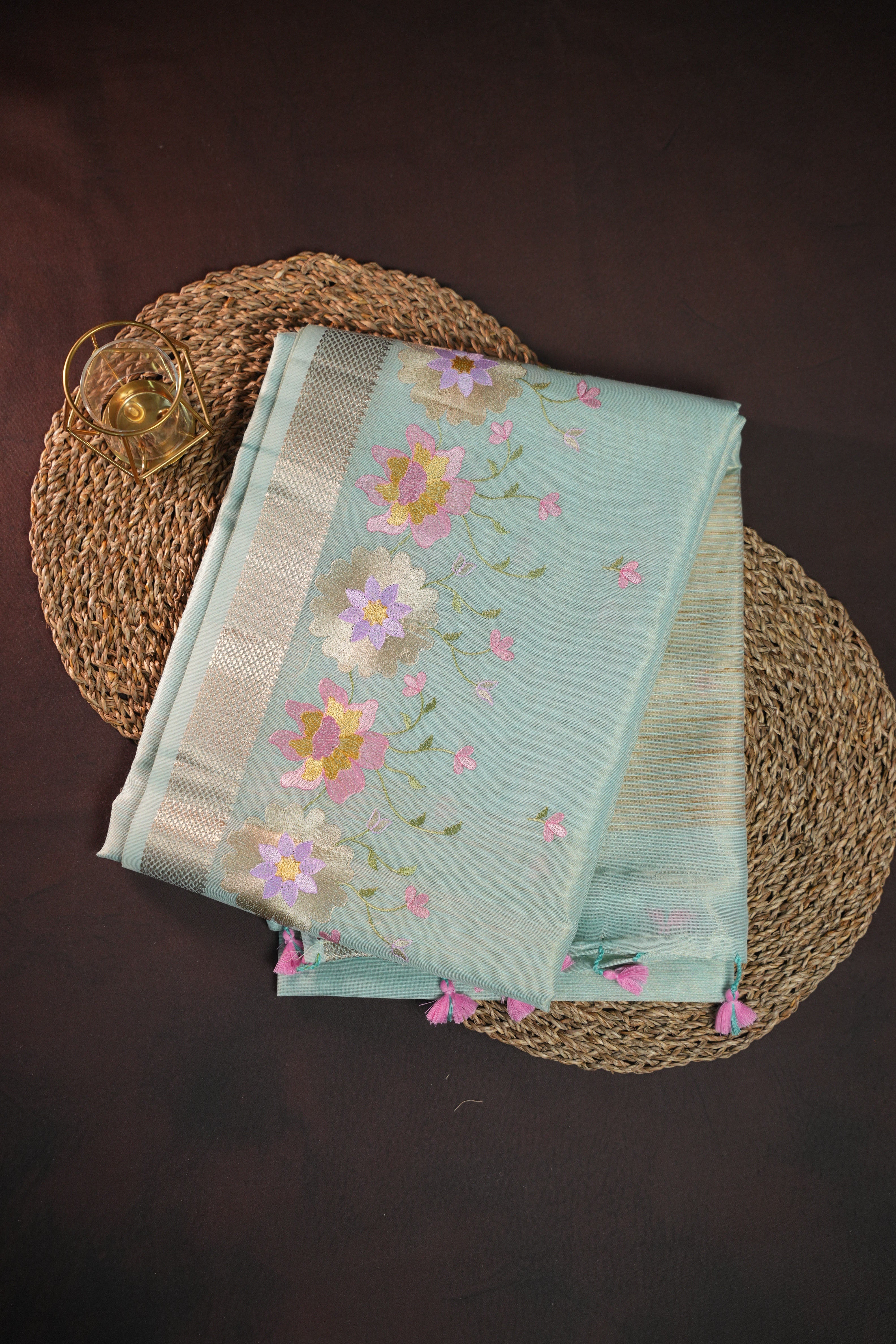 Pastel Blue Benaras Saree with Floral Embroidery Design