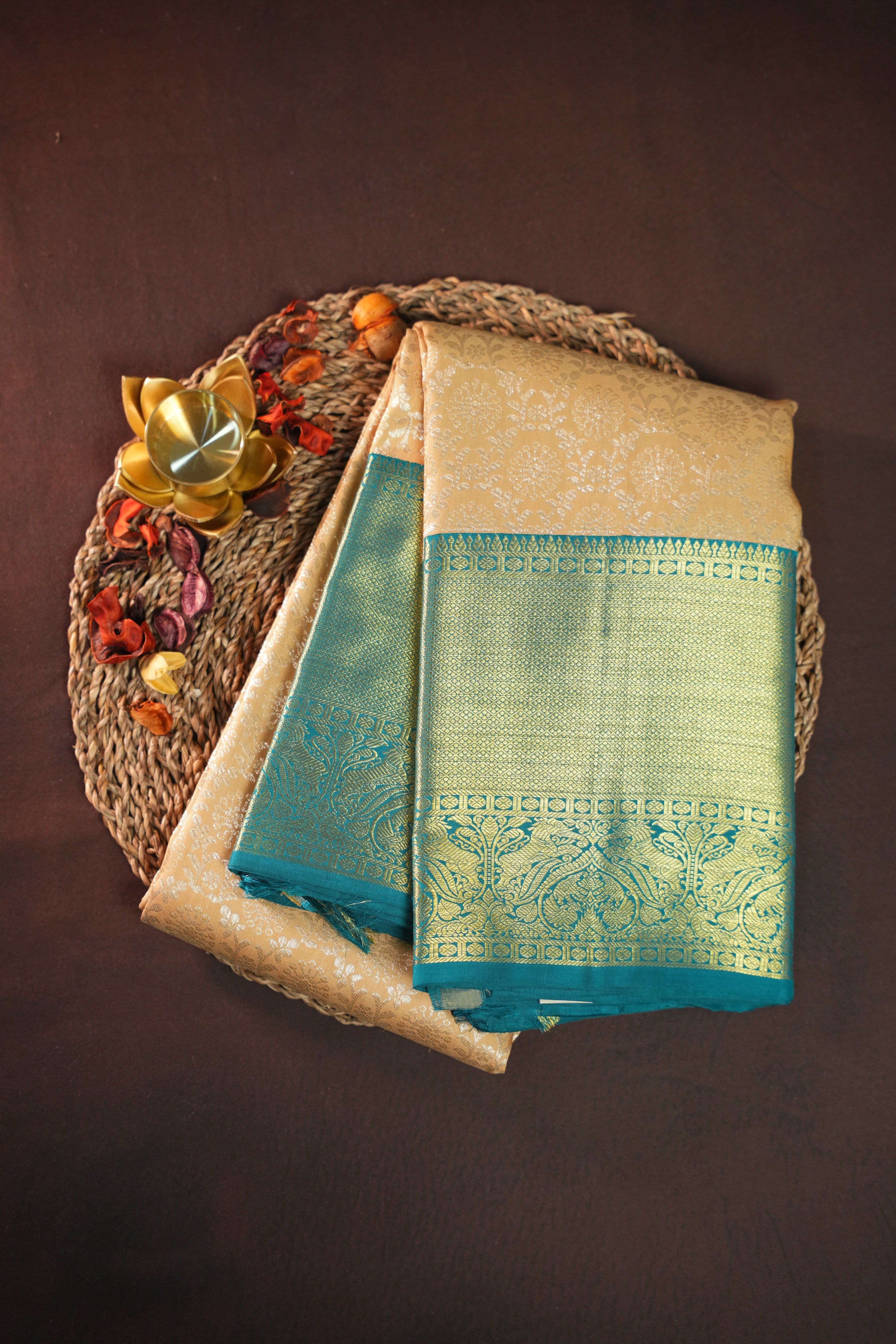 Cream Gold Kanchi Bridal Saree with Teal Zari Border