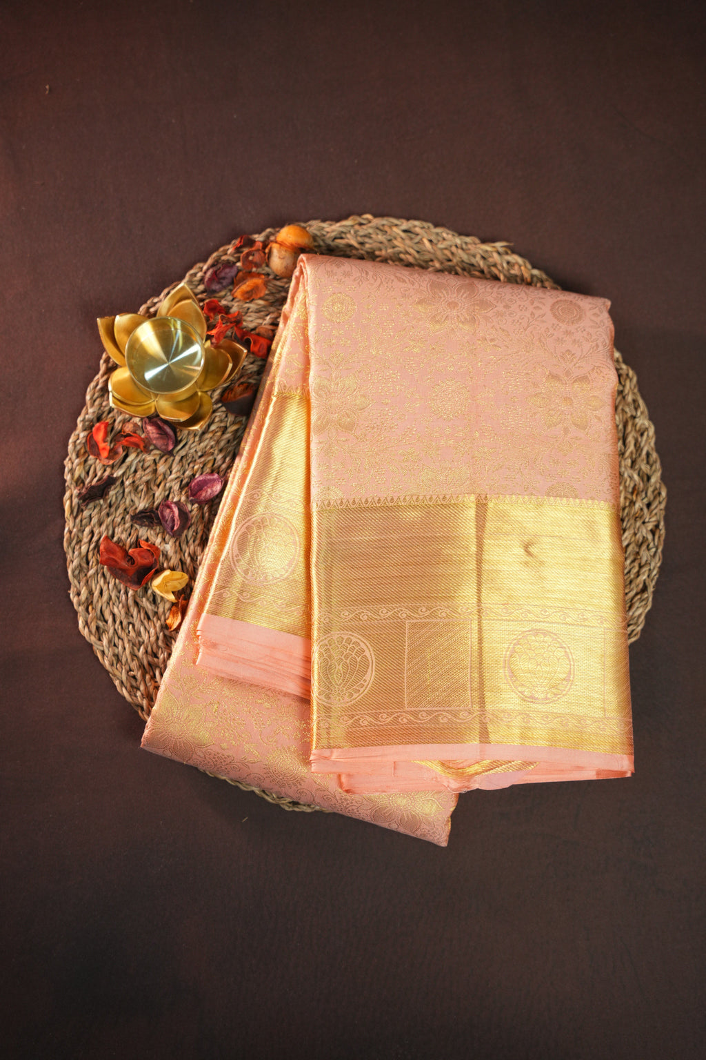 Peach Pink Kanchi Bridal Saree with Rich Gold Zari