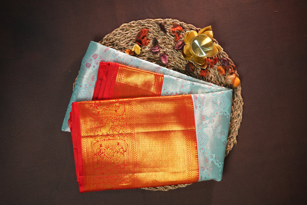 Ice Blue Kanchi Bridal Saree with Rich Gold Zari