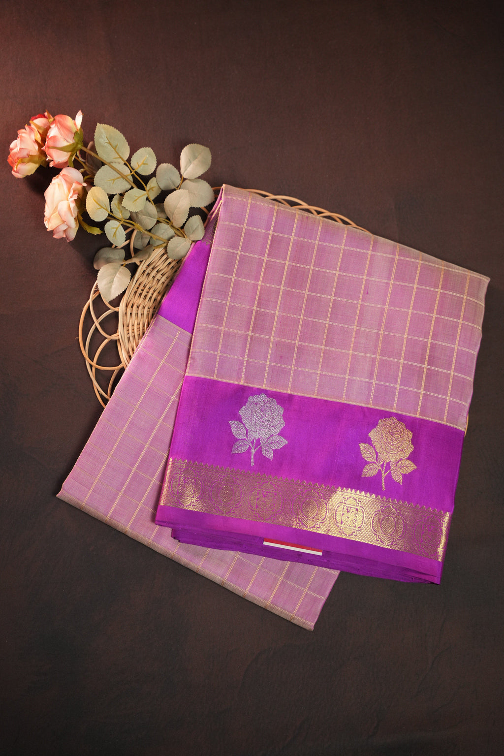 Pink and Purple Maharani Pattu Saree with Gold Zari Checks
