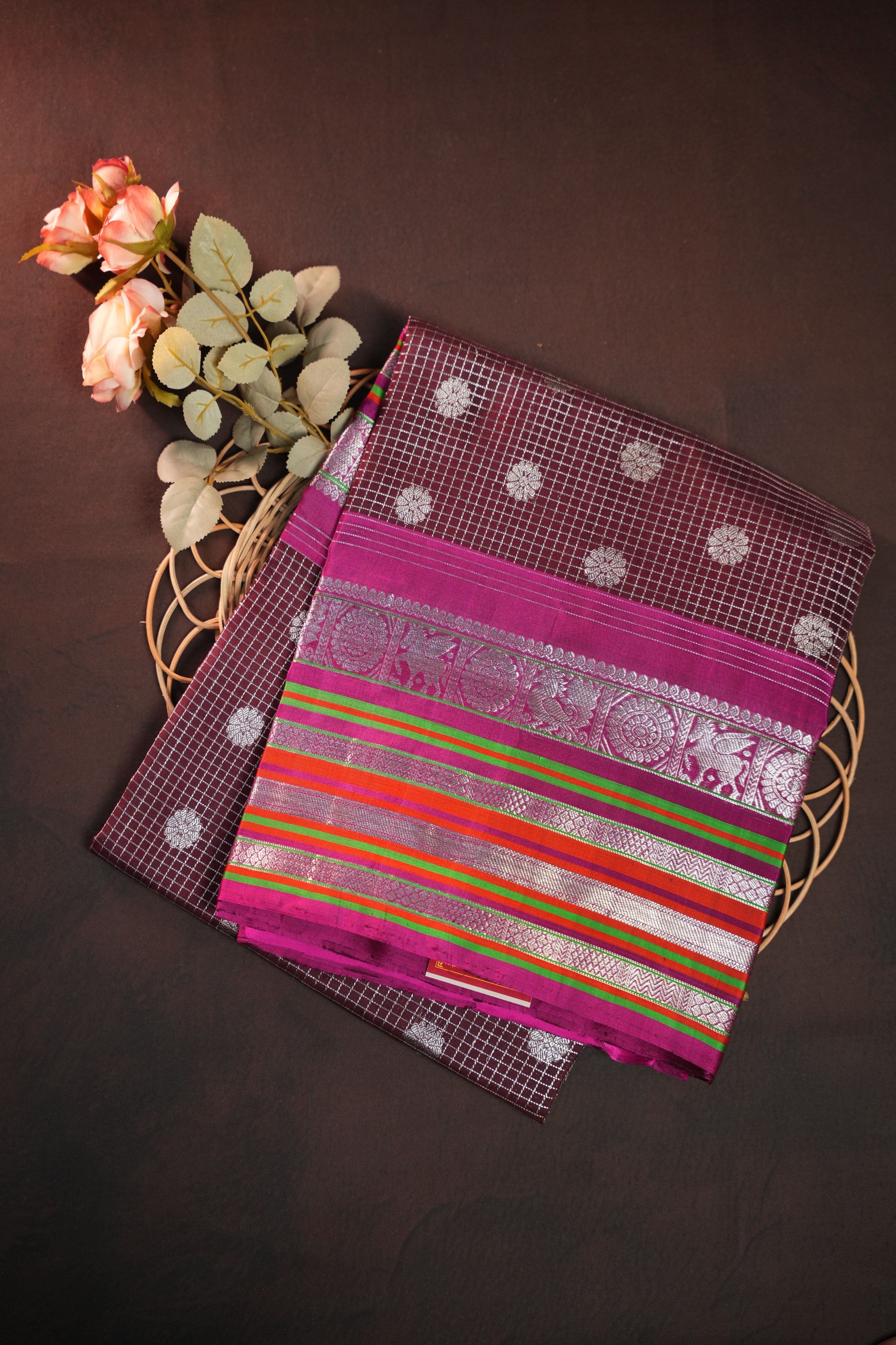 Maroon Maharani Pattu Saree with Silver Zari Checks