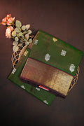 Bottle Green Maharani Pattu Saree with Gold Zari Border