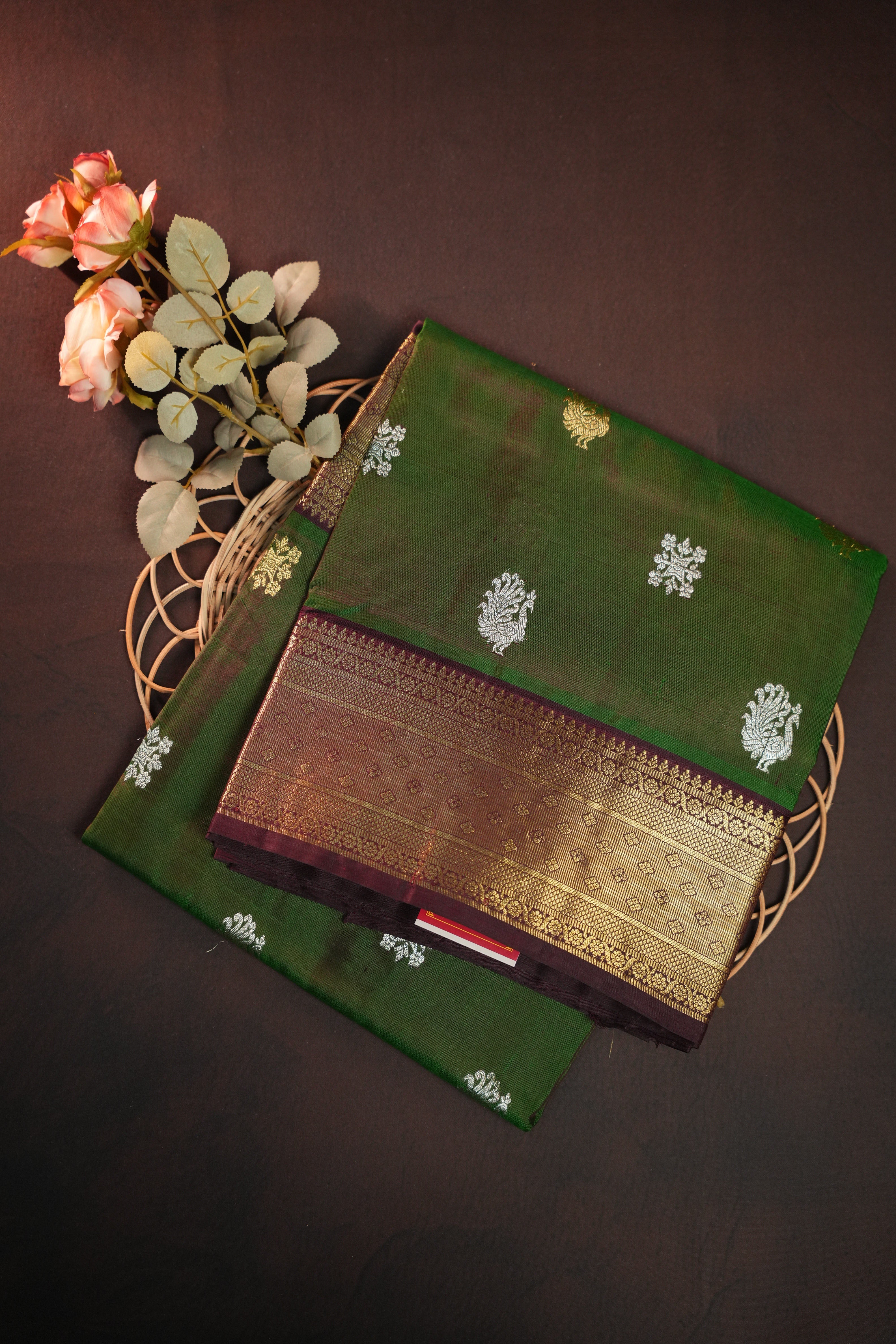 Bottle Green Maharani Pattu Saree with Gold Zari Border
