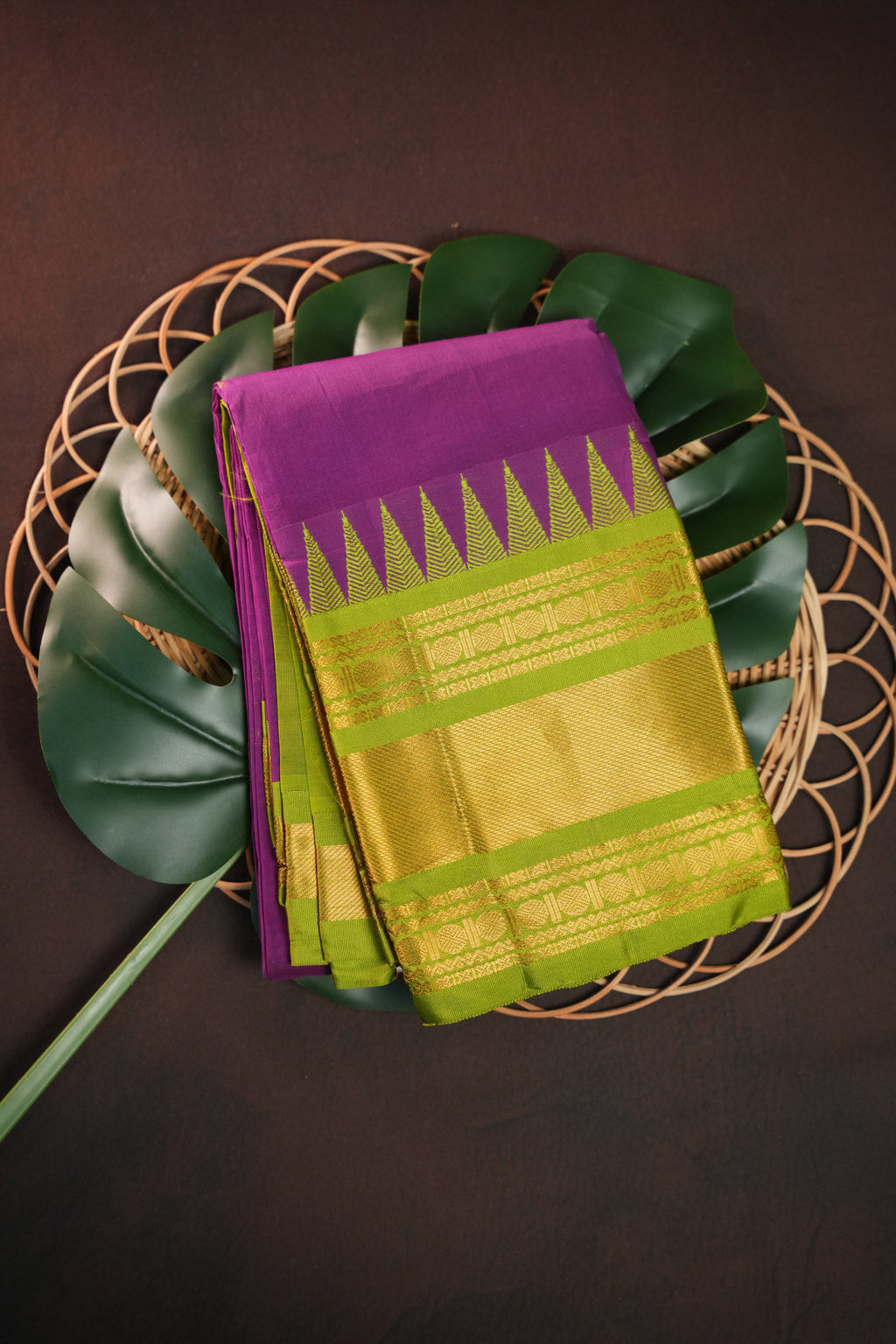 Purple and Green Gadwal Cotton Saree with Gold Zari Border