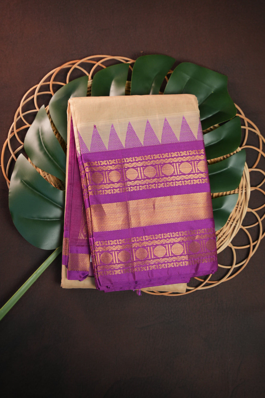 Cream and Purple Gadwal Cotton Saree with Zari Border