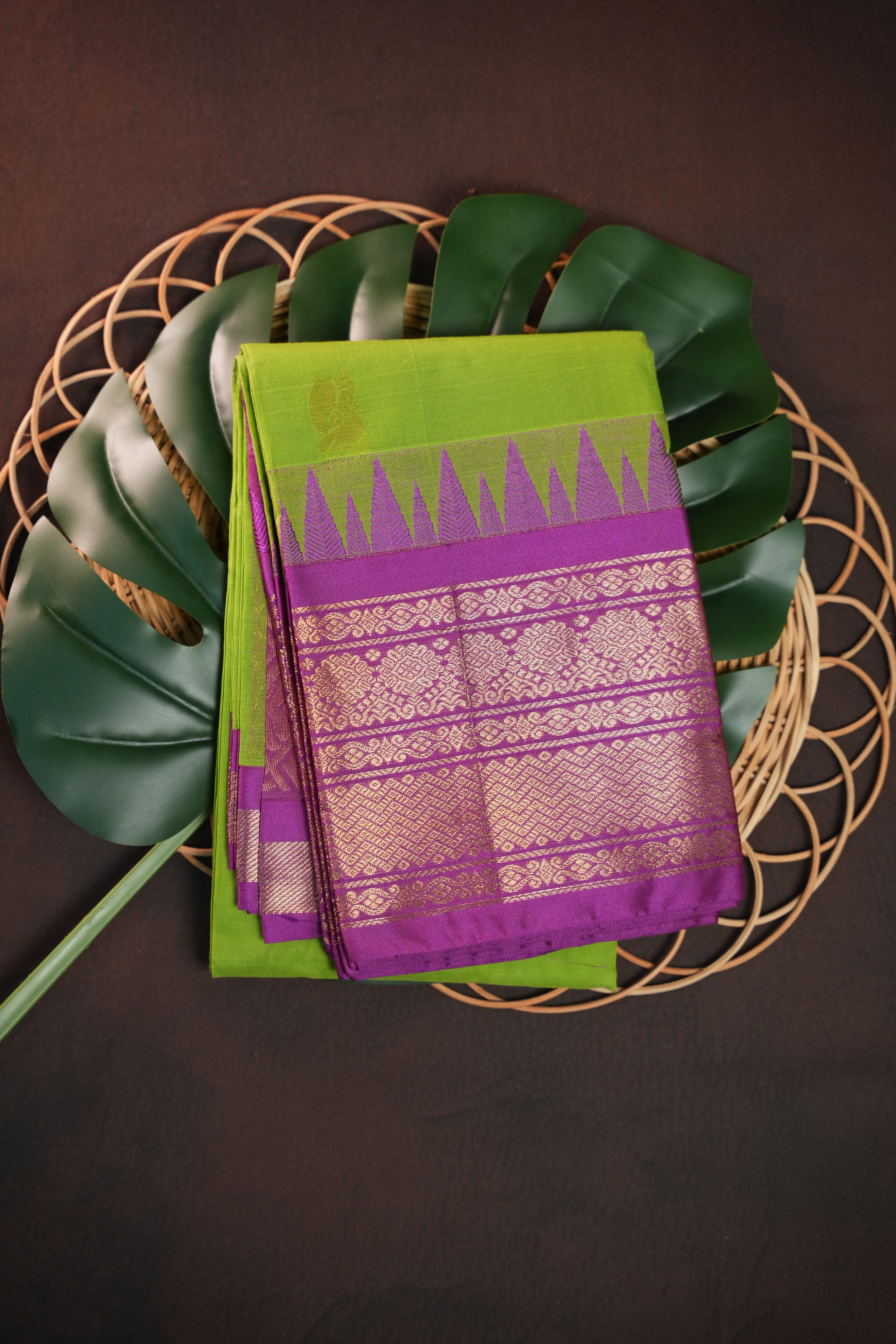 Parrot Green and Purple Gadwal Cotton Saree with Zari Border
