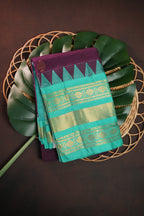 Turquoise Blue and Purple Gadwal Cotton Saree with Zari Border