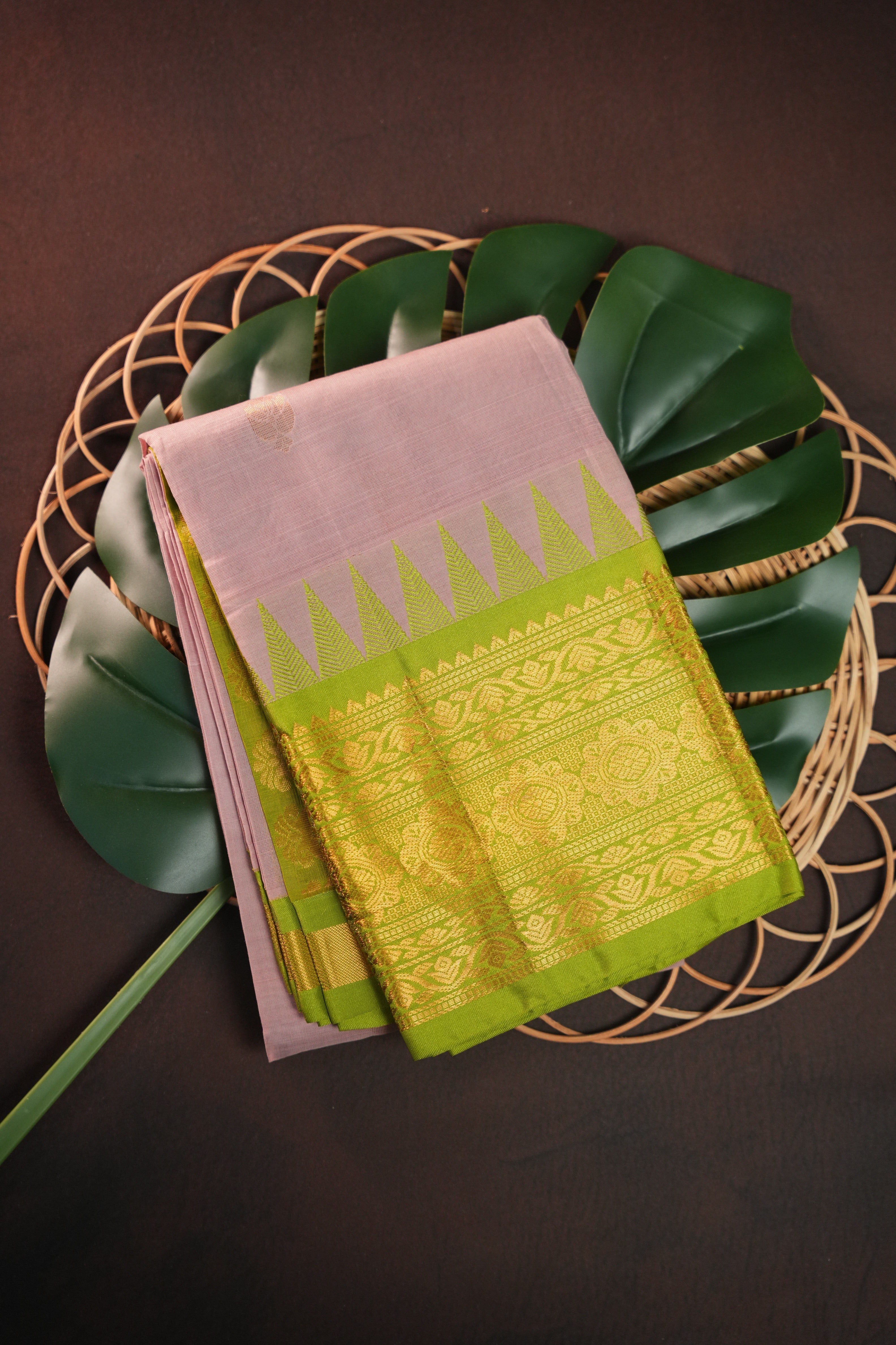 Lavender and Green Gadwal Cotton Saree with Zari Border