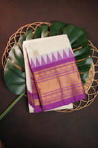 White and Purple Gadwal Cotton Saree with Zari Border