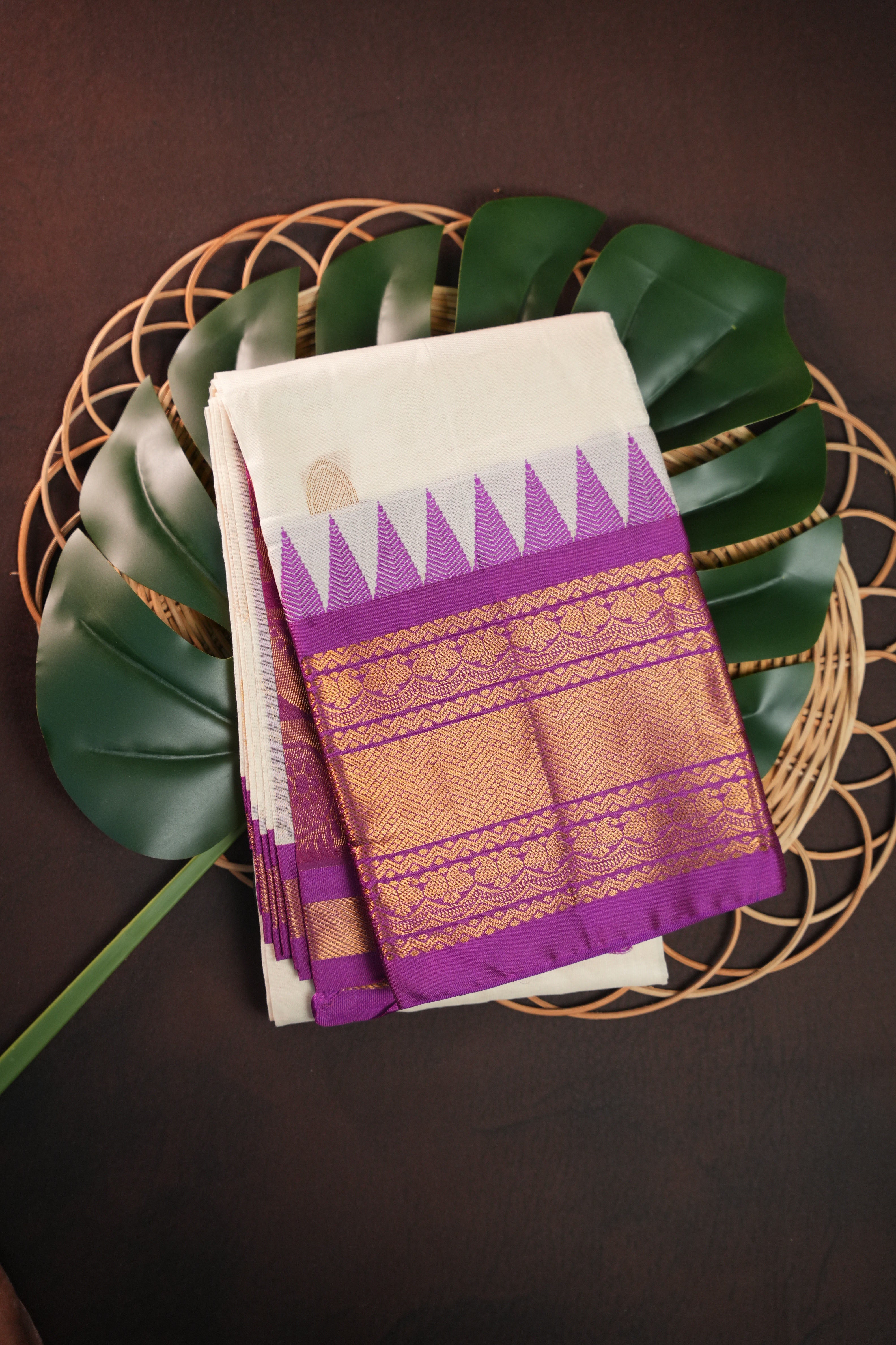 White and Purple Gadwal Cotton Saree with Zari Border