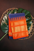 Royal Blue and Orange Gadwal Cotton Saree with Zari Border