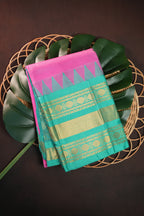 Turquoise Green and Pink Gadwal Cotton Saree with Zari Border