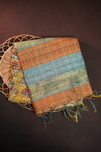 Brown and Sky Blue Fancy Linen Saree with Printed Pallu