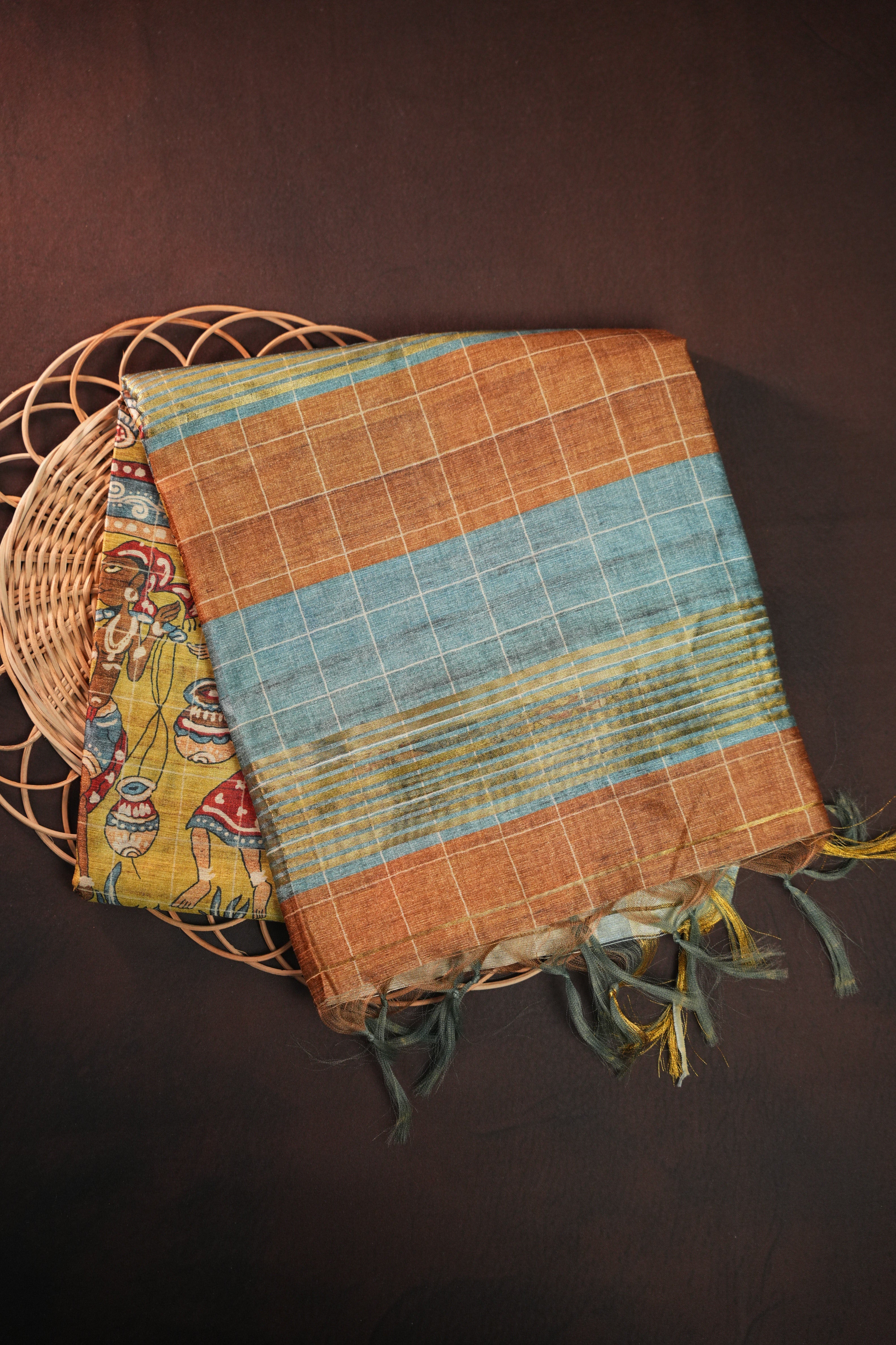 Brown and Sky Blue Fancy Linen Saree with Printed Pallu
