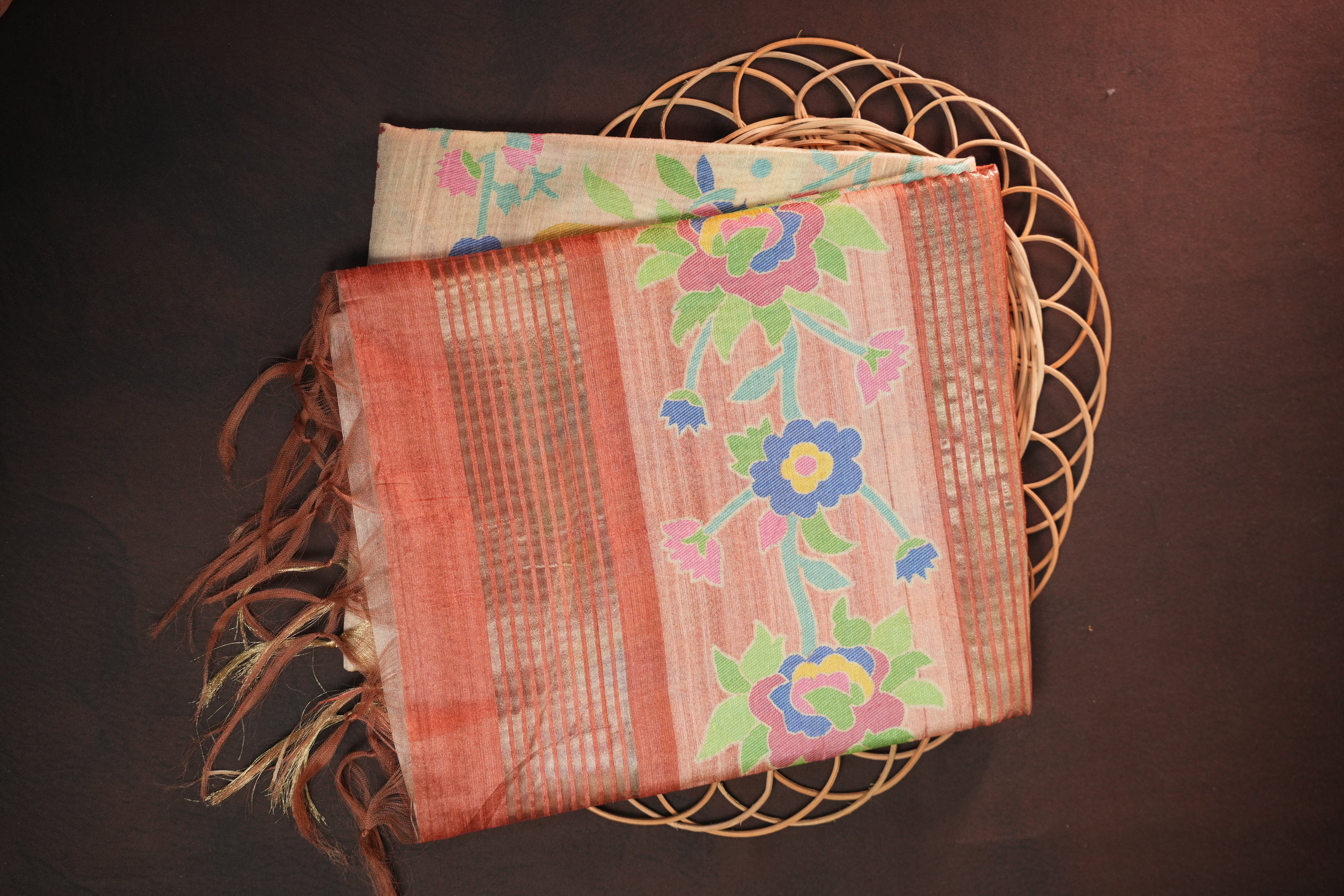 Peach Floral Fancy Linen Saree with Elegant Printed Design