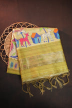 Olive Green Fancy Linen Saree with Artistic Tribal Print