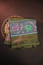 Olive Green Floral Fancy Linen Saree with Artistic Print
