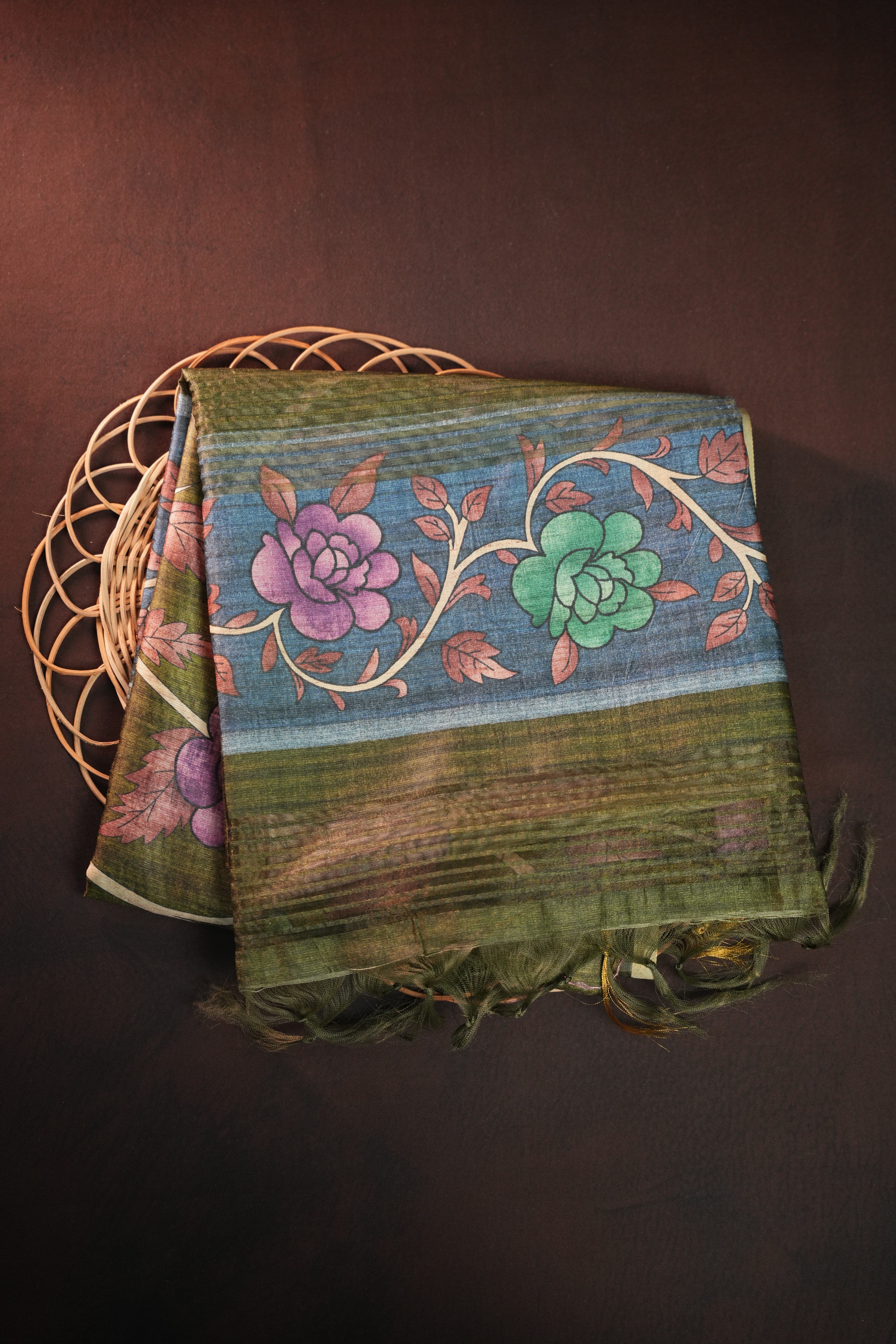 Olive Green Floral Fancy Linen Saree with Artistic Print