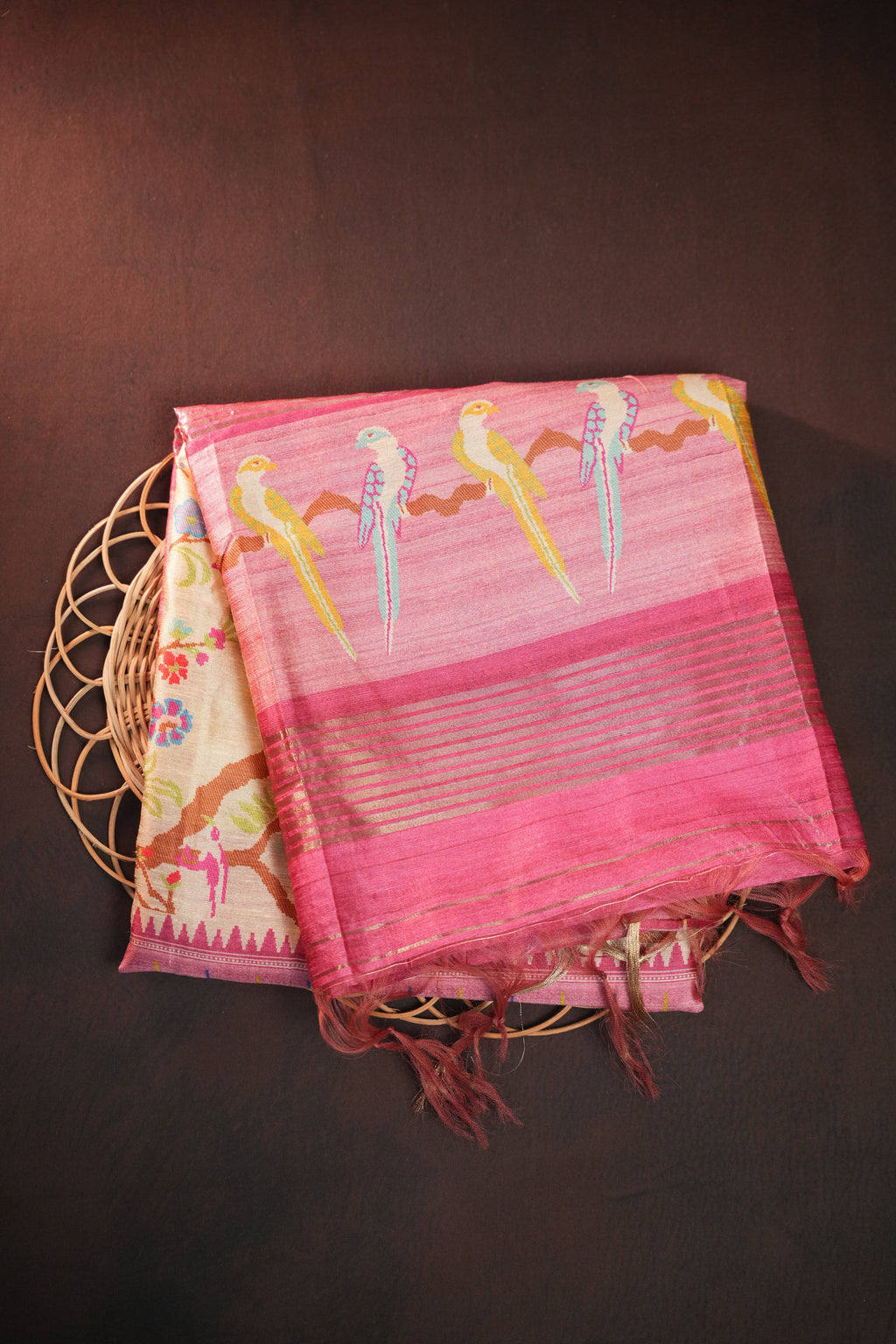 Pink Fancy Linen Saree with Bird Print and Tassel Design