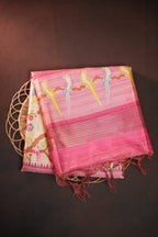 Pink Fancy Linen Saree with Bird Print and Tassel Design