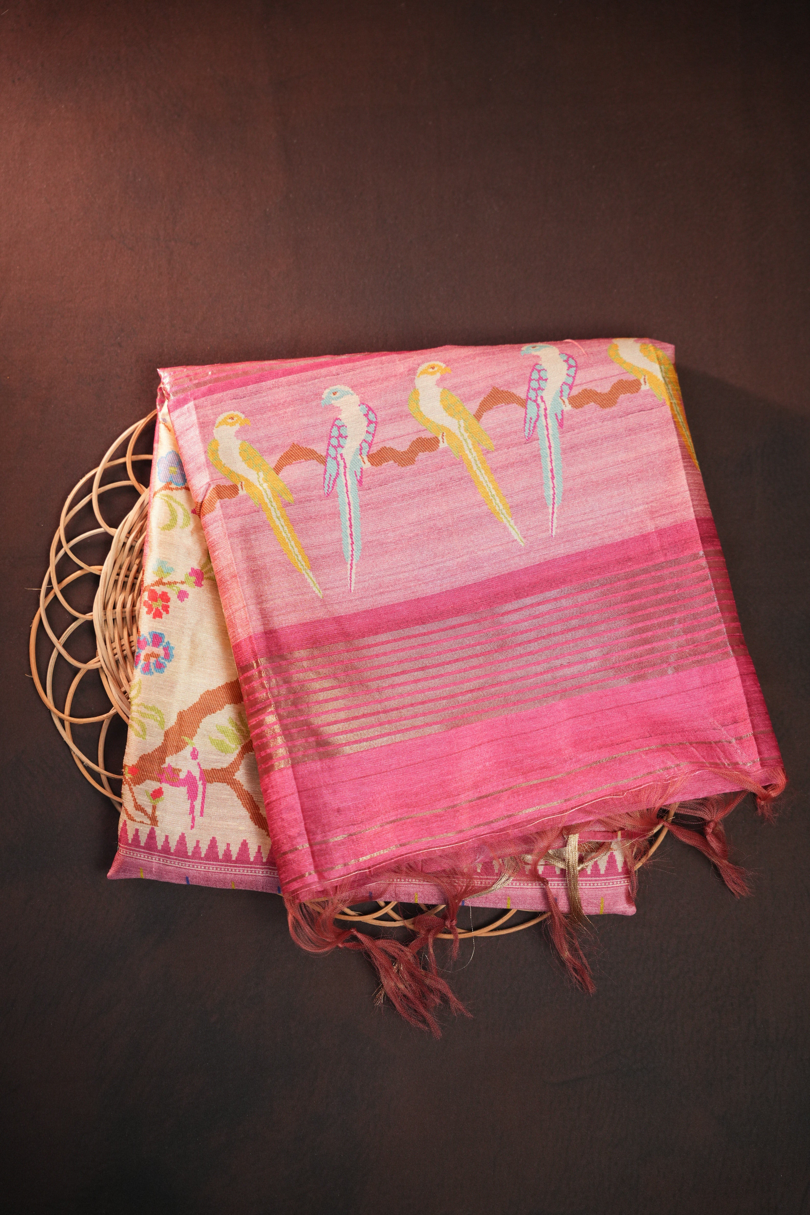 Pink Fancy Linen Saree with Bird Print and Tassel Design