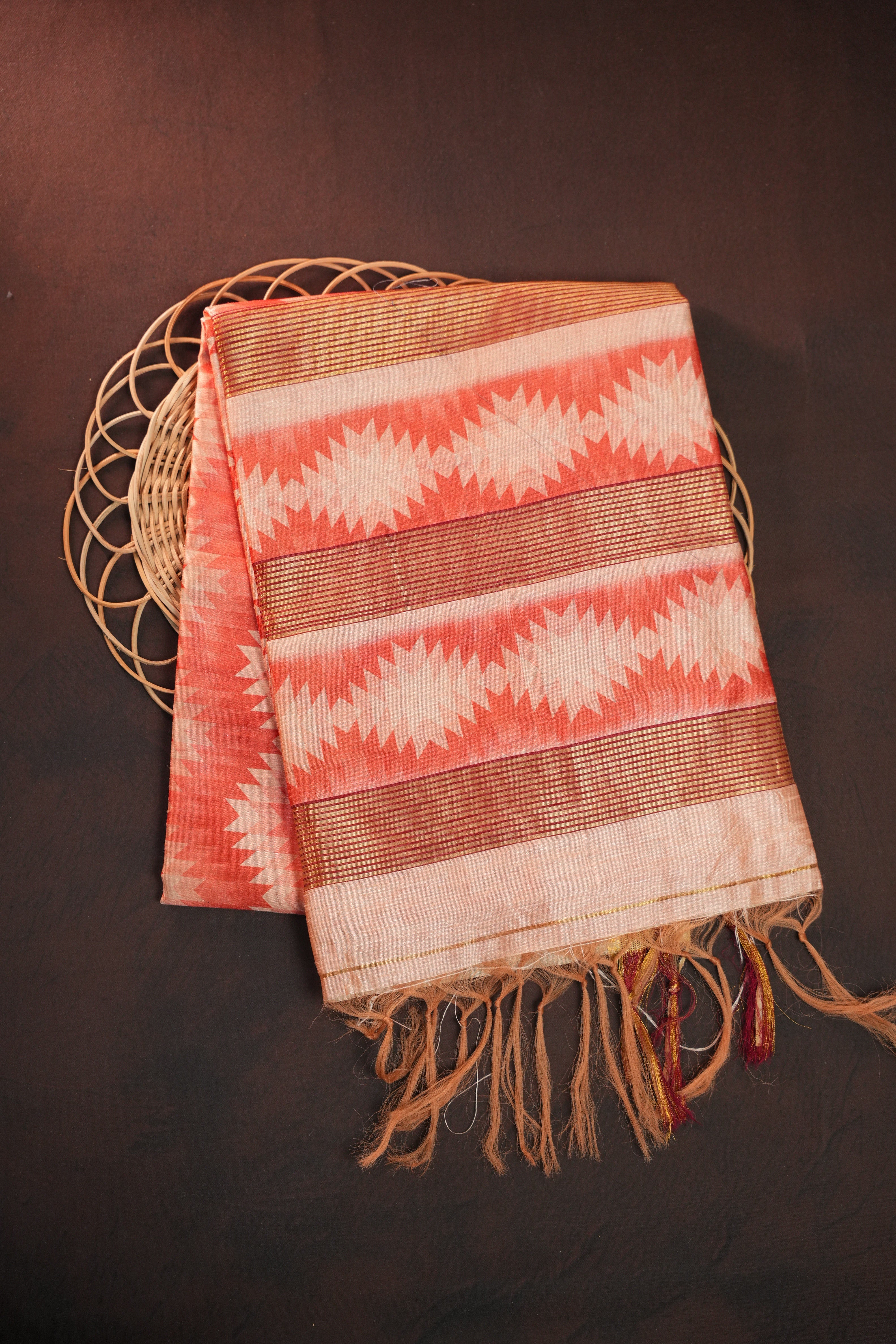 Peach Geometric Fancy Linen Saree with Tassel Detailing