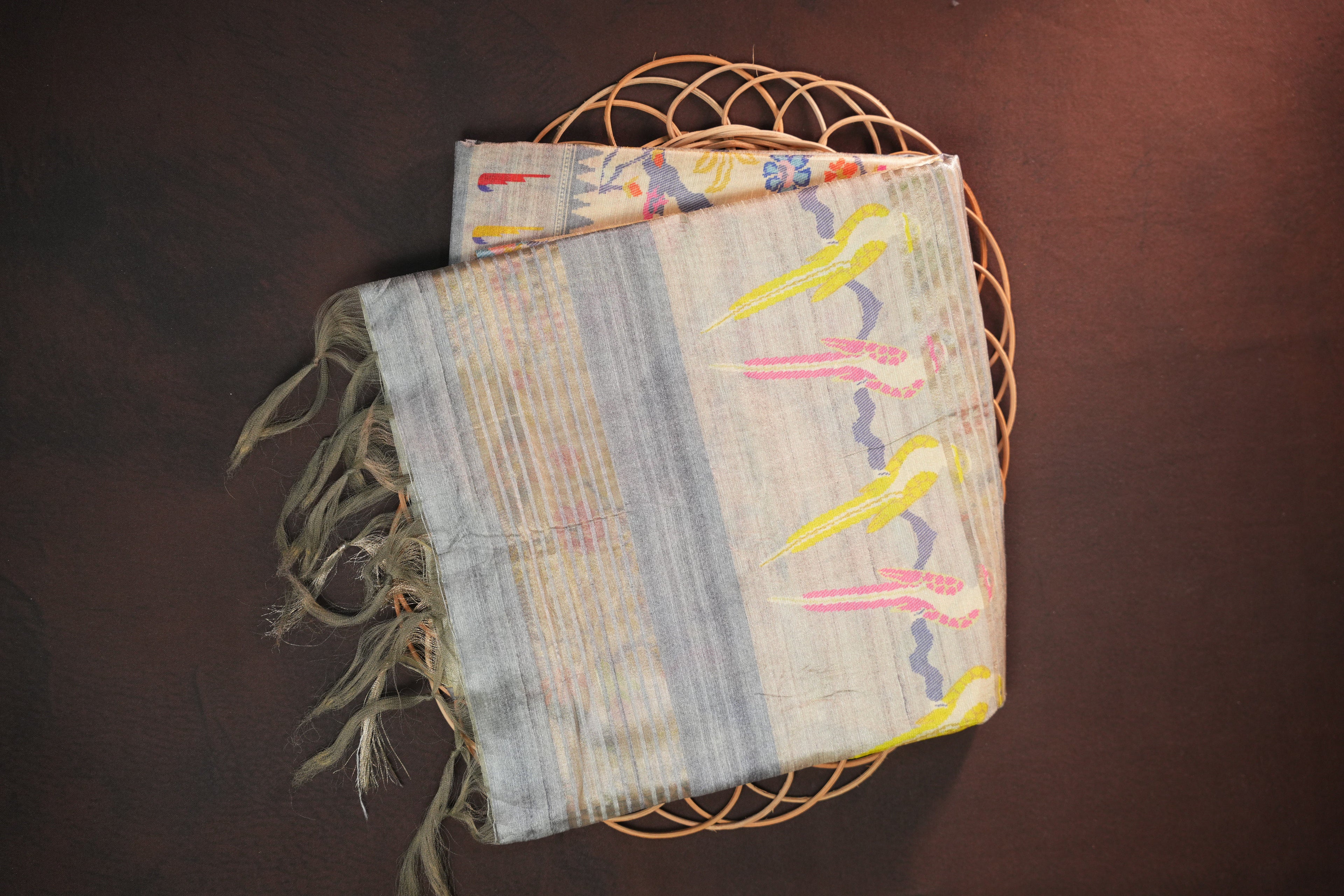 Grey Fancy Linen Saree with Bird Print and Tassel Design