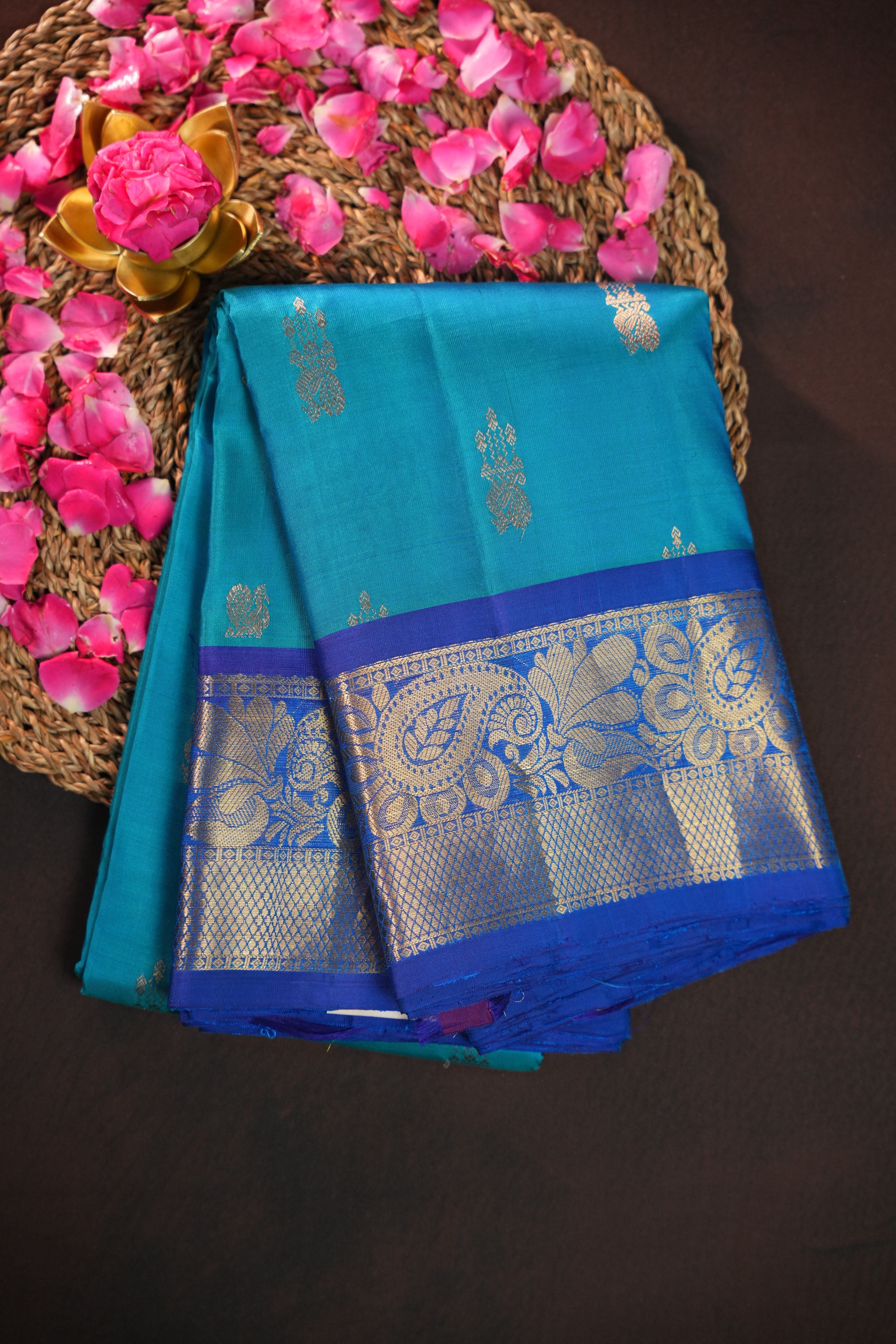 Turquoise Blue Kanchi Vintage Silk Saree with Royal Zari Border