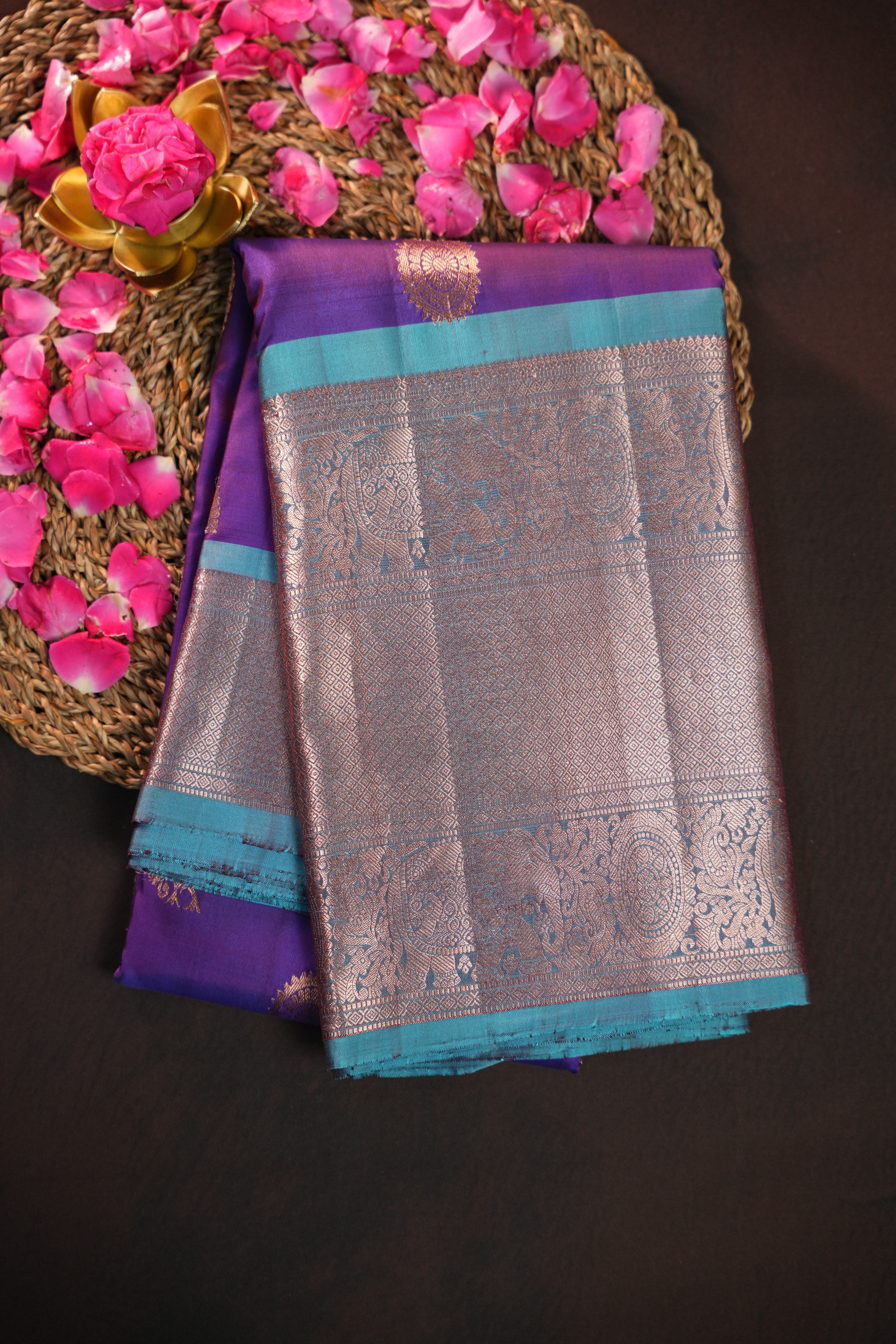 Royal Purple Kanchi Vintage Silk Saree with Silver Zari Weaving