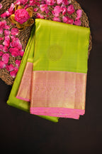 Lime Green Kanchi Vintage Silk Saree with Pink Zari Border