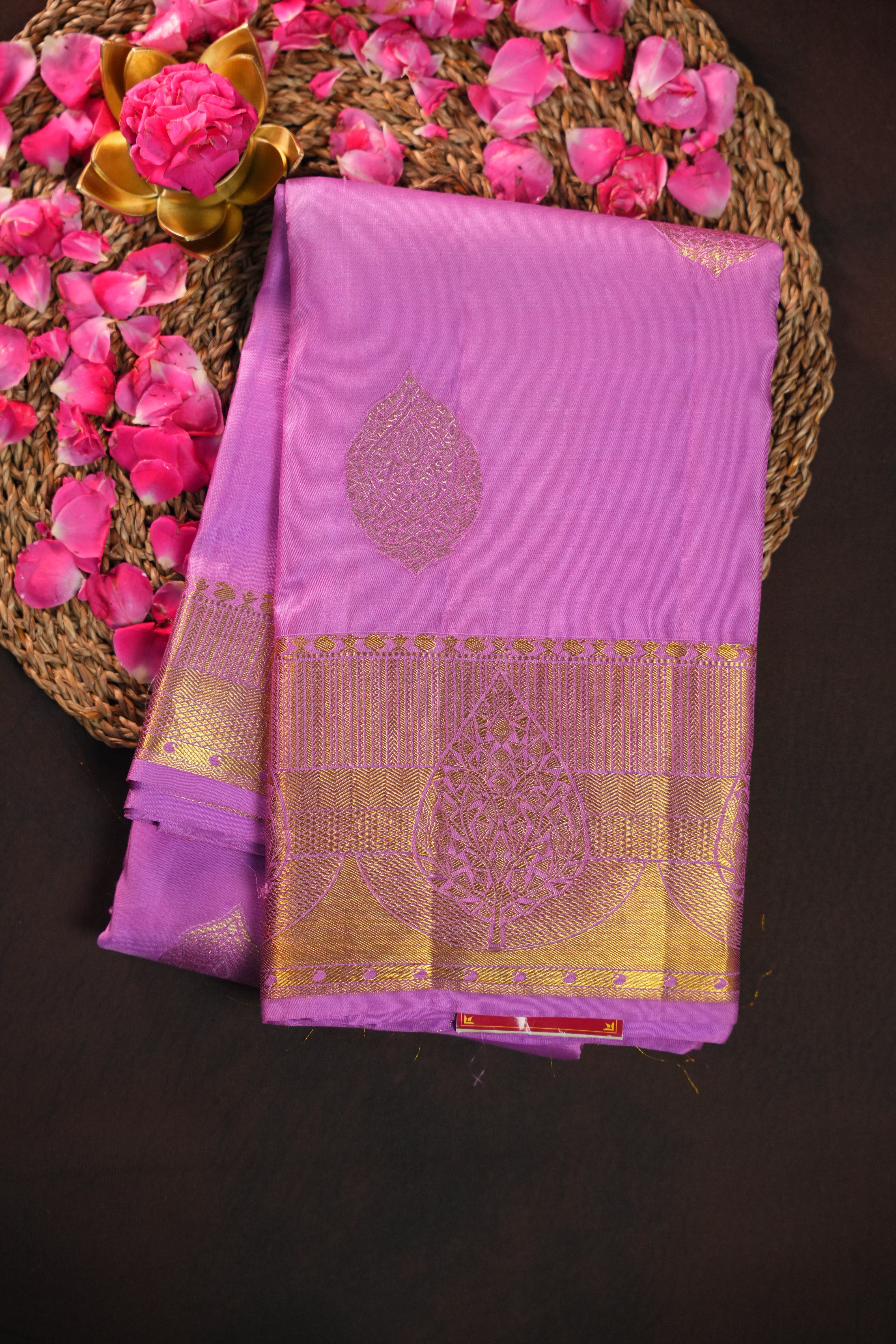 Lavender Pink Kanchi Vintage Silk Saree with Antique Zari Border